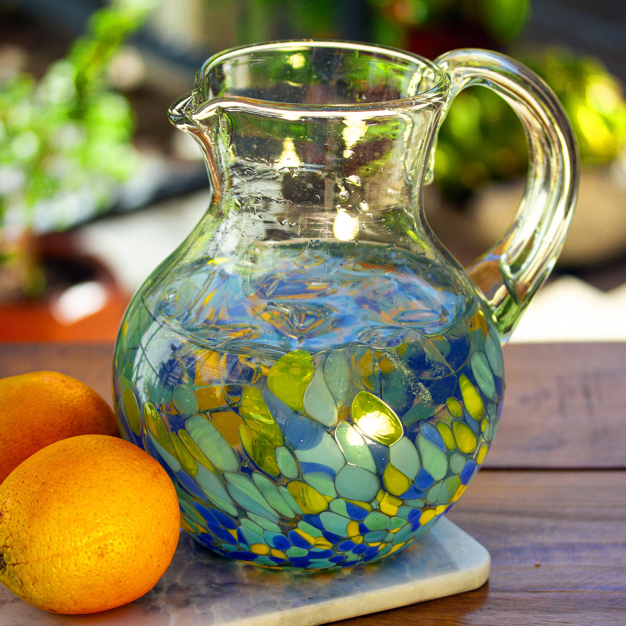 Premium Ocean Confetti Recycled Glass Pitcher - Handcrafted in Mexico