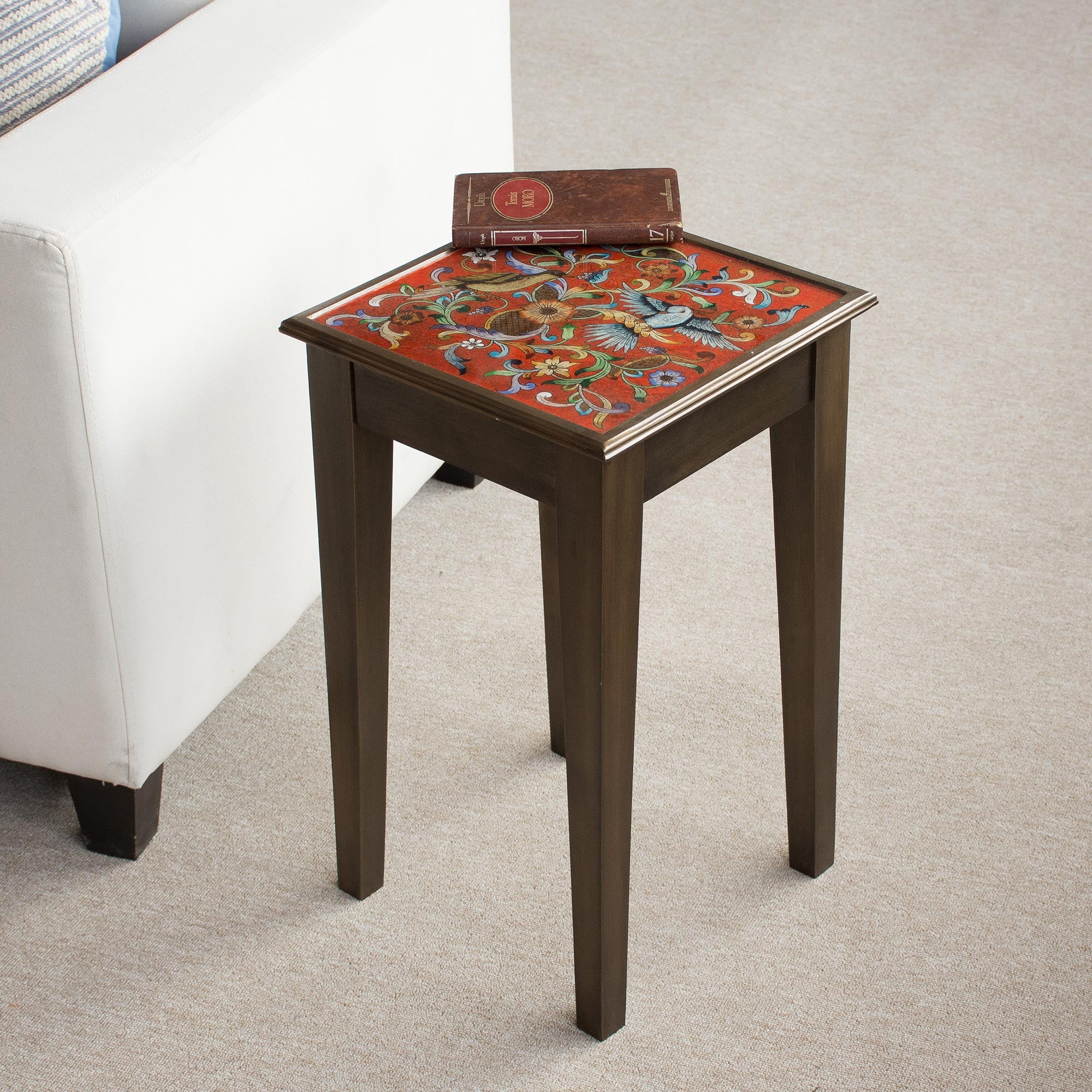 Premium Reverse-Painted Glass Accent Table with Floral and Bird Motif