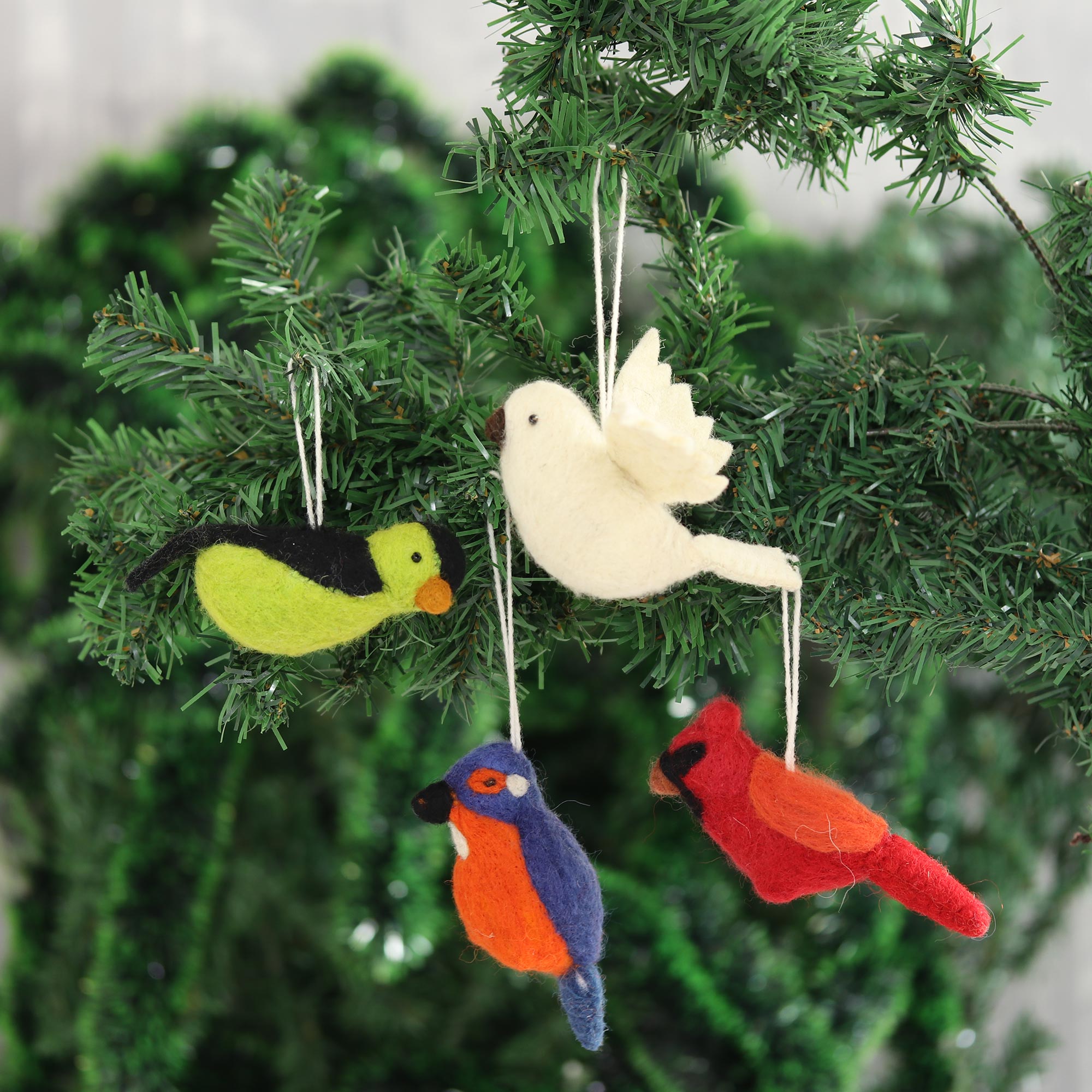 Premium Winter Birds Wool Felt Ornaments Set of 4 – Handcrafted in India