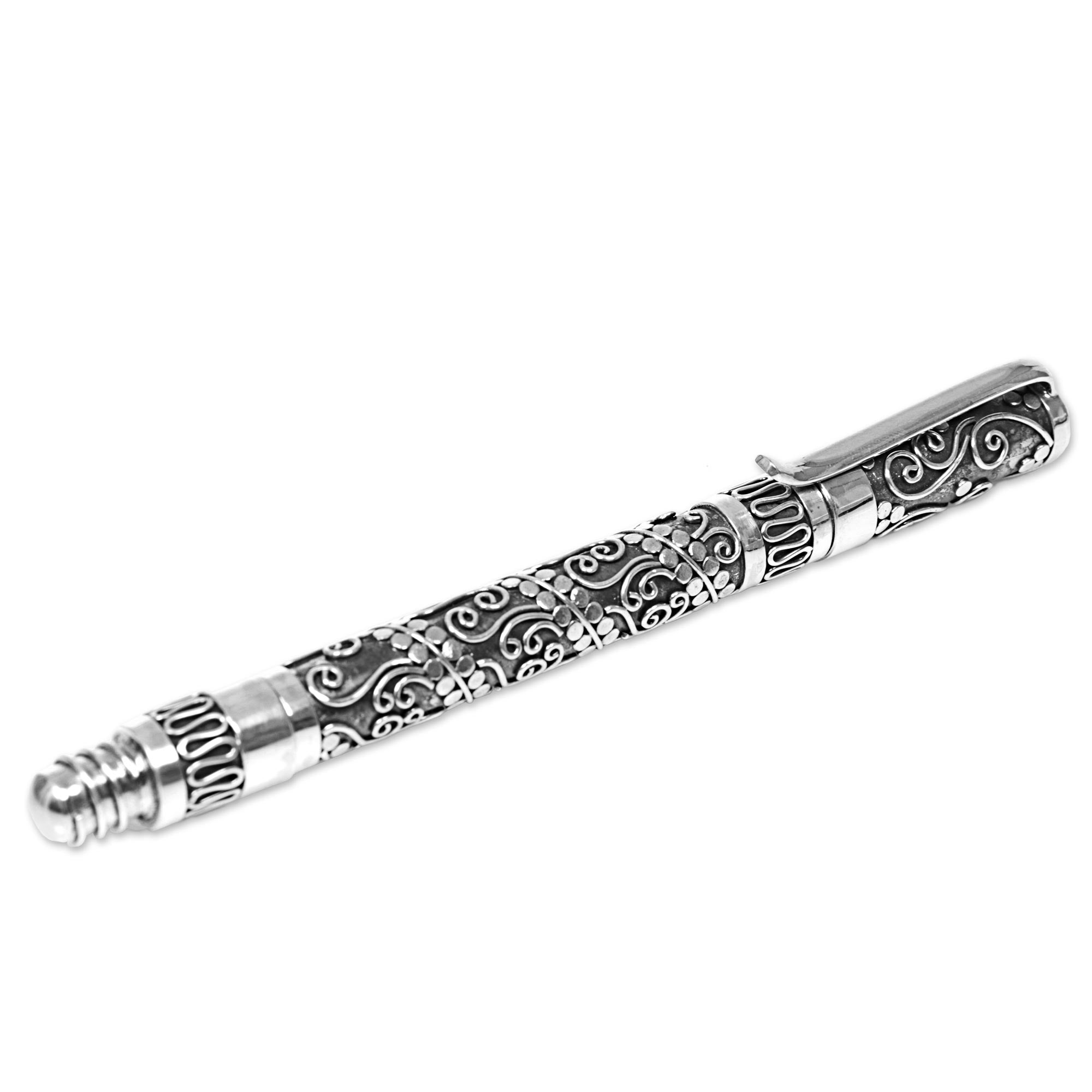 Premium Balinese Swirls Sterling Silver Ballpoint Pen - Handcrafted in Indonesia
