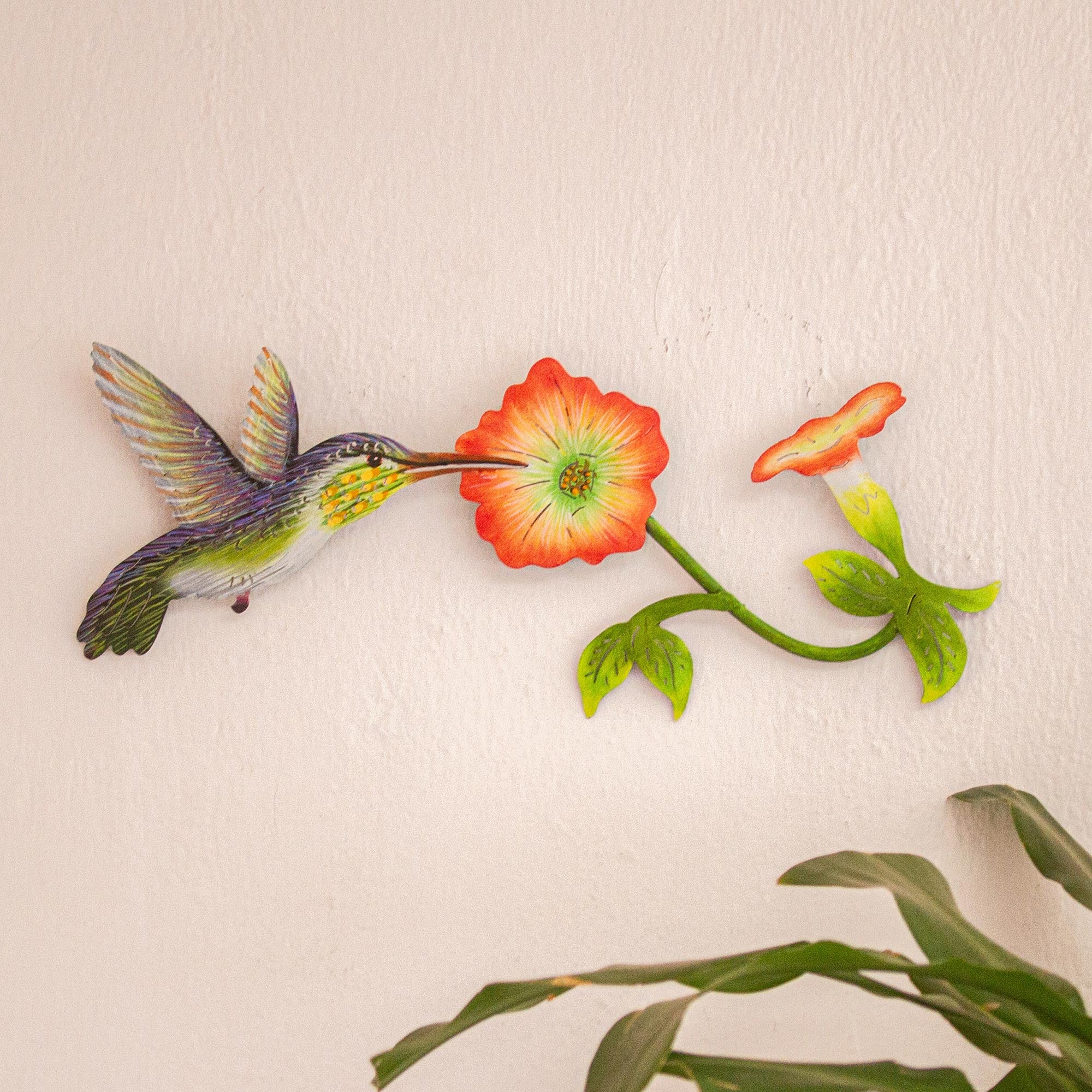 Premium Handcrafted Steel Wall Art - Orange Hummingbird & Exotic Flowers