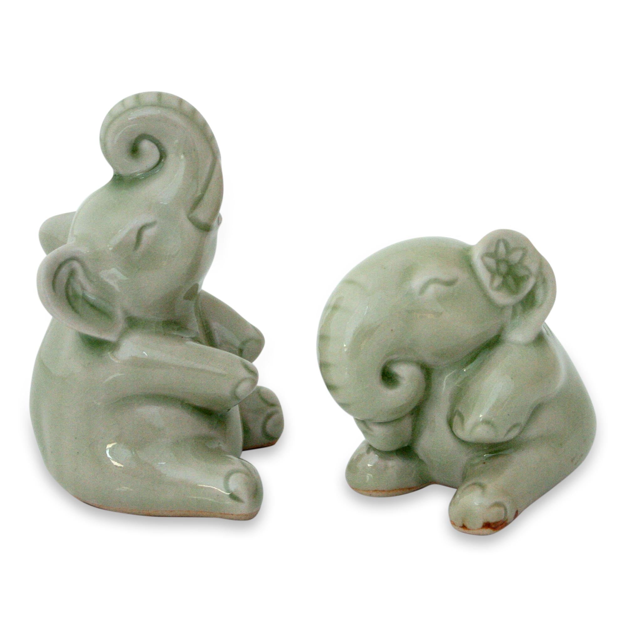 Premium Handmade Celadon Green Elephant Sculptures - Laughing Pachyderm Pair