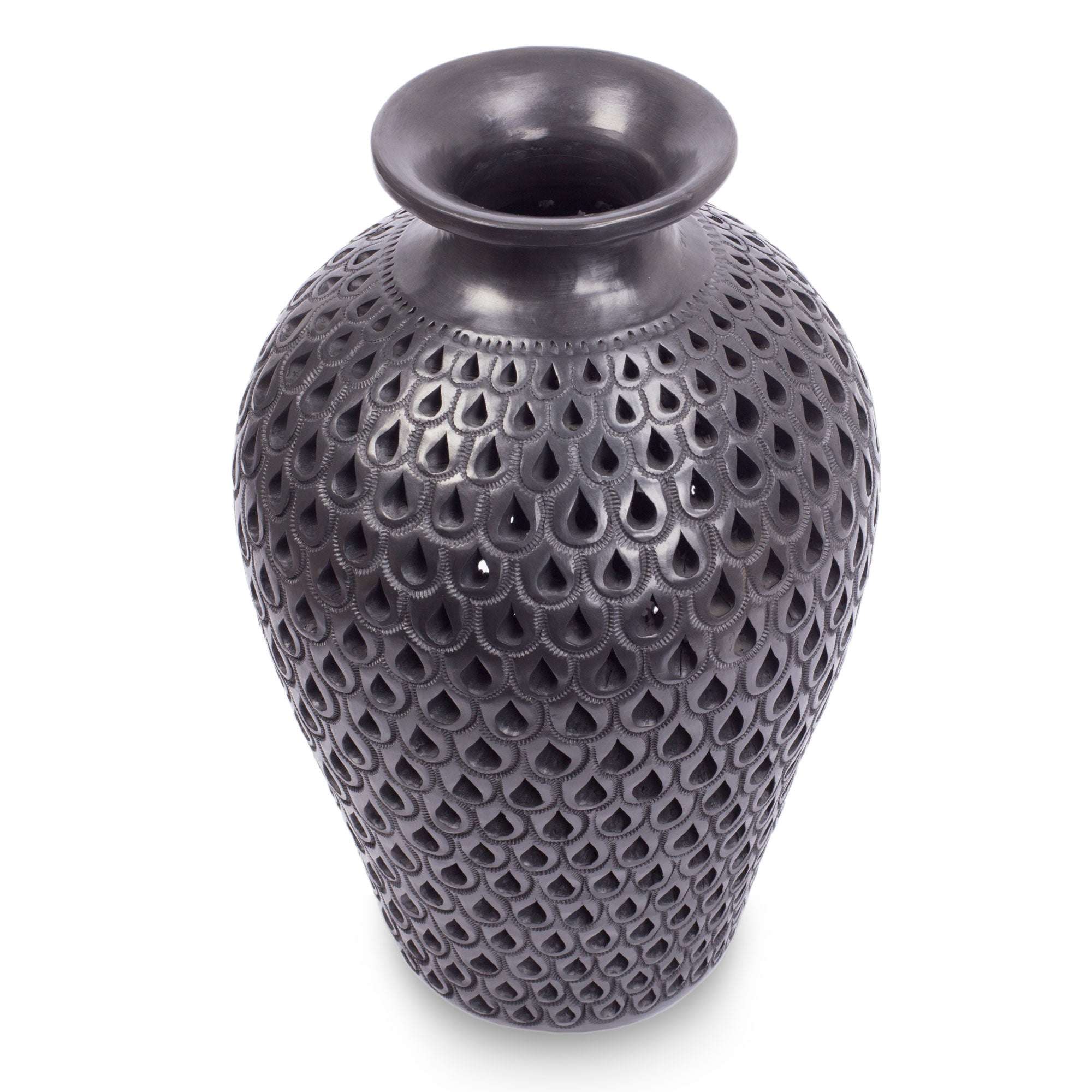 Premium Handcrafted Black Peacock Incised Pottery Vase - Oaxacan Barro Negro Art