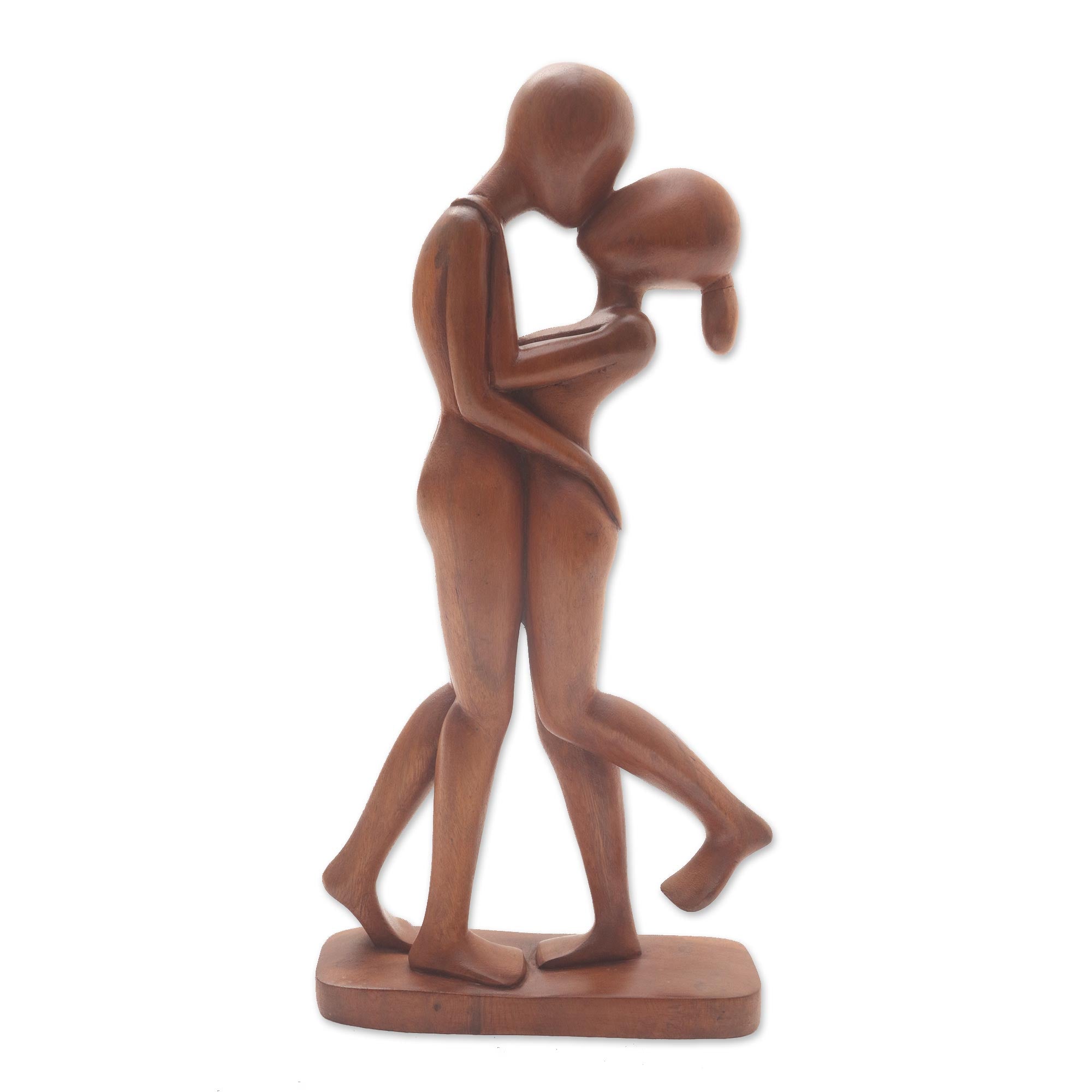 Premium Hand-Carved Suar Wood 'Lover's Kiss' Sculpture from Bali - Romantic Art Piece