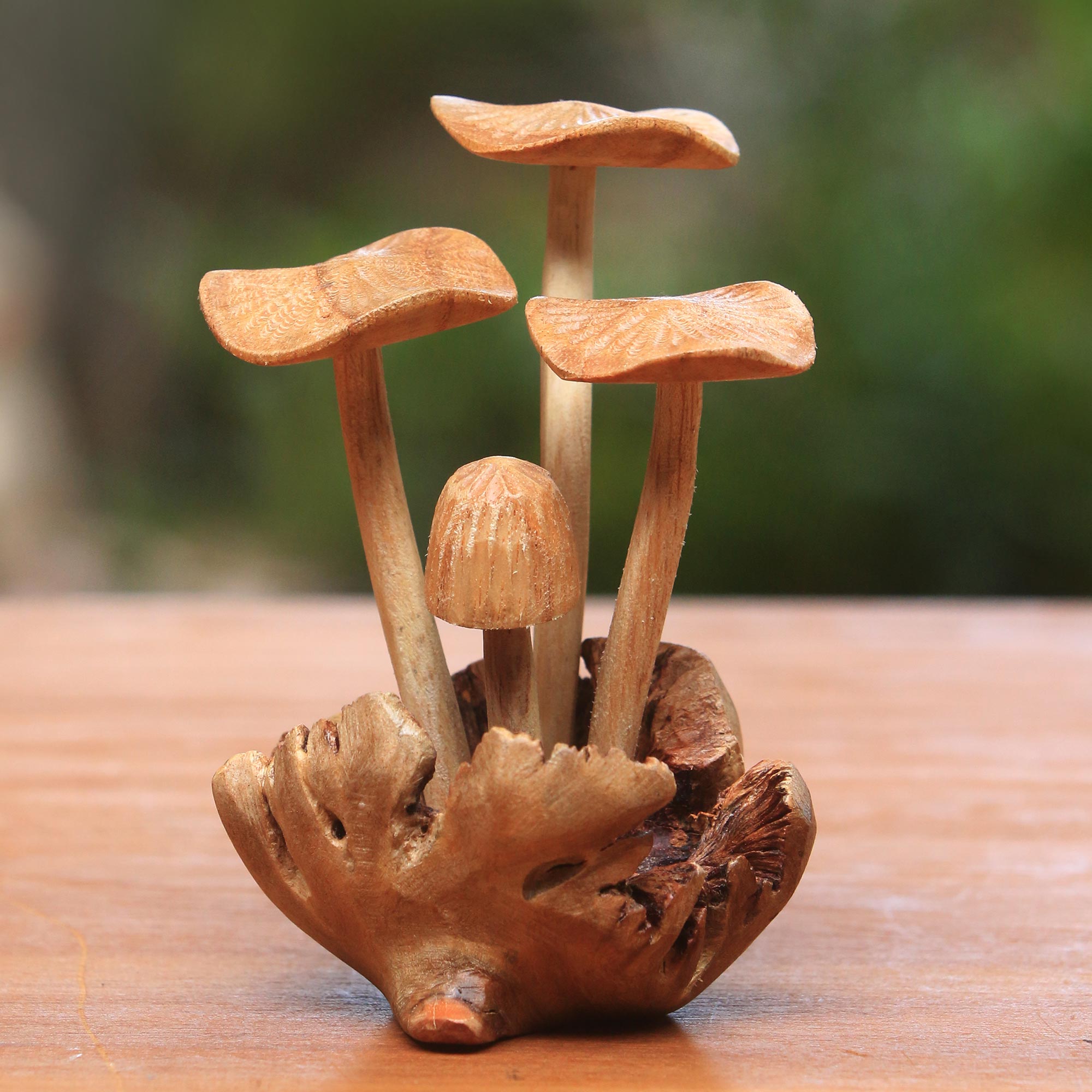 Premium Majestic Mushroom Sculpture - Hand-Carved Jempinis & Benalu Wood Figurine (4.5 in.)