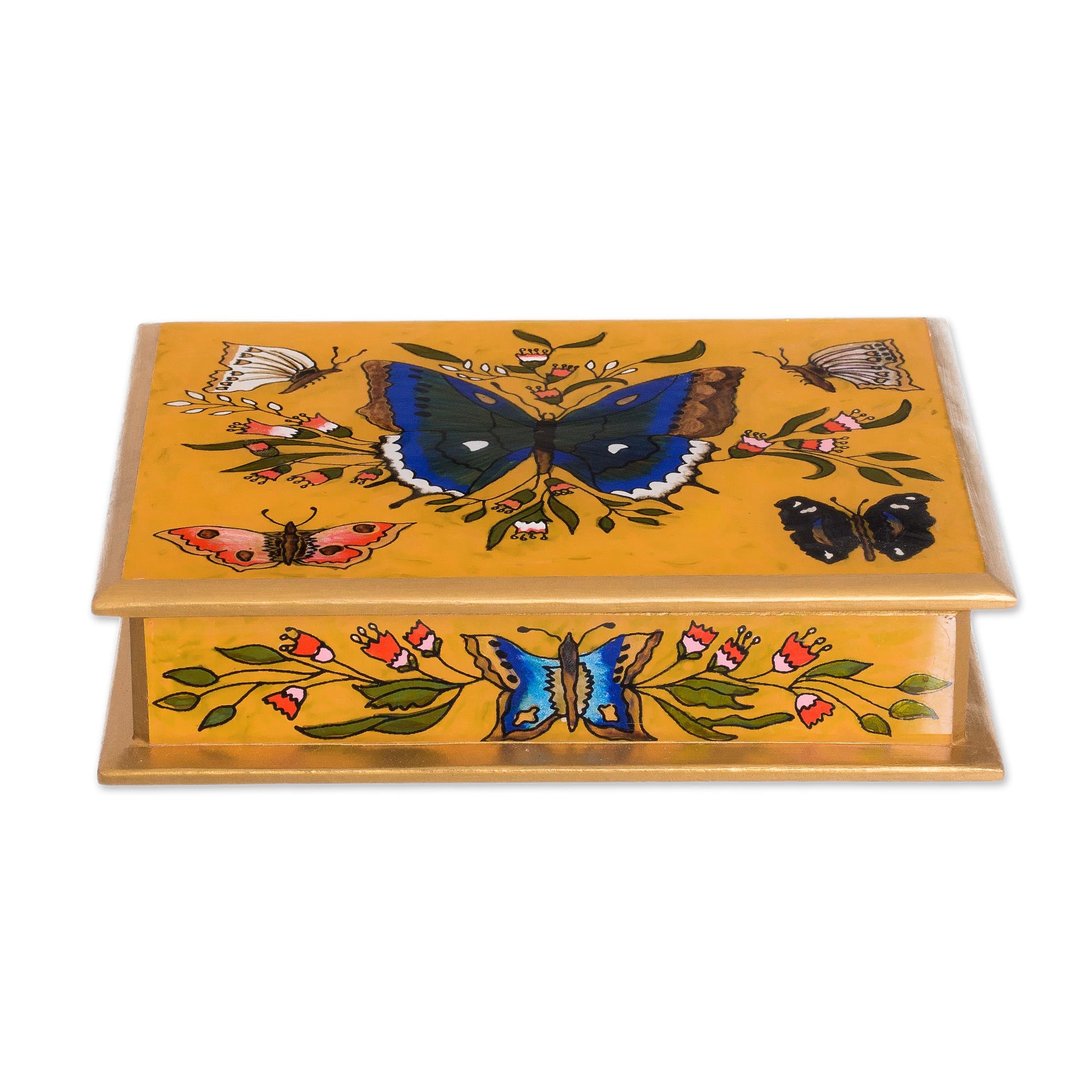 Premium Butterfly Reverse Painted Glass Jewelry Box - Handcrafted Wooden Treasure