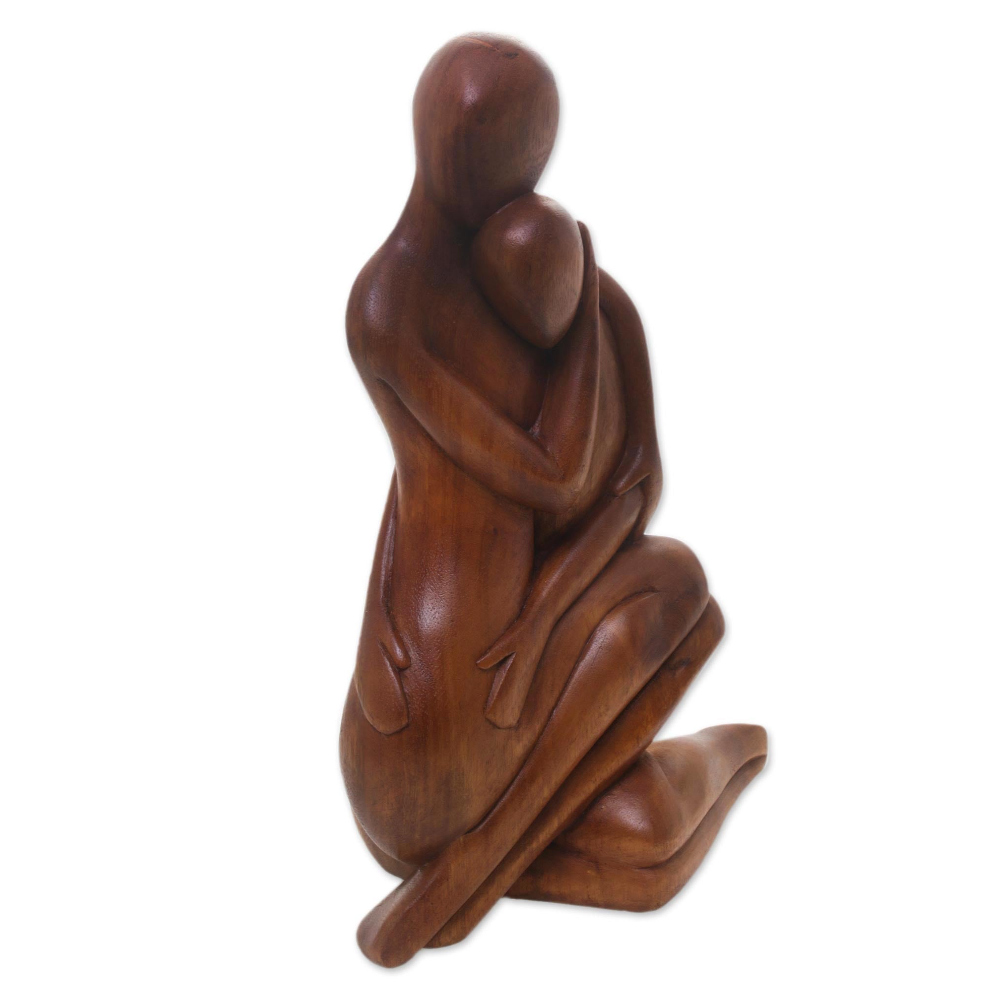 Premium Hand-Carved 'Mother’s Love' Suar Wood Sculpture from Bali – Timeless Romantic Art