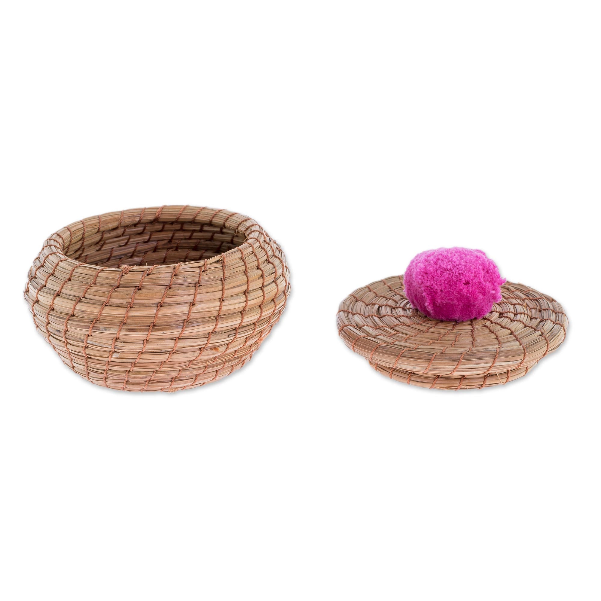 Premium Fuchsia Pine Needle Basket with Cotton Pompom - Handmade by Guatemalan Artisans