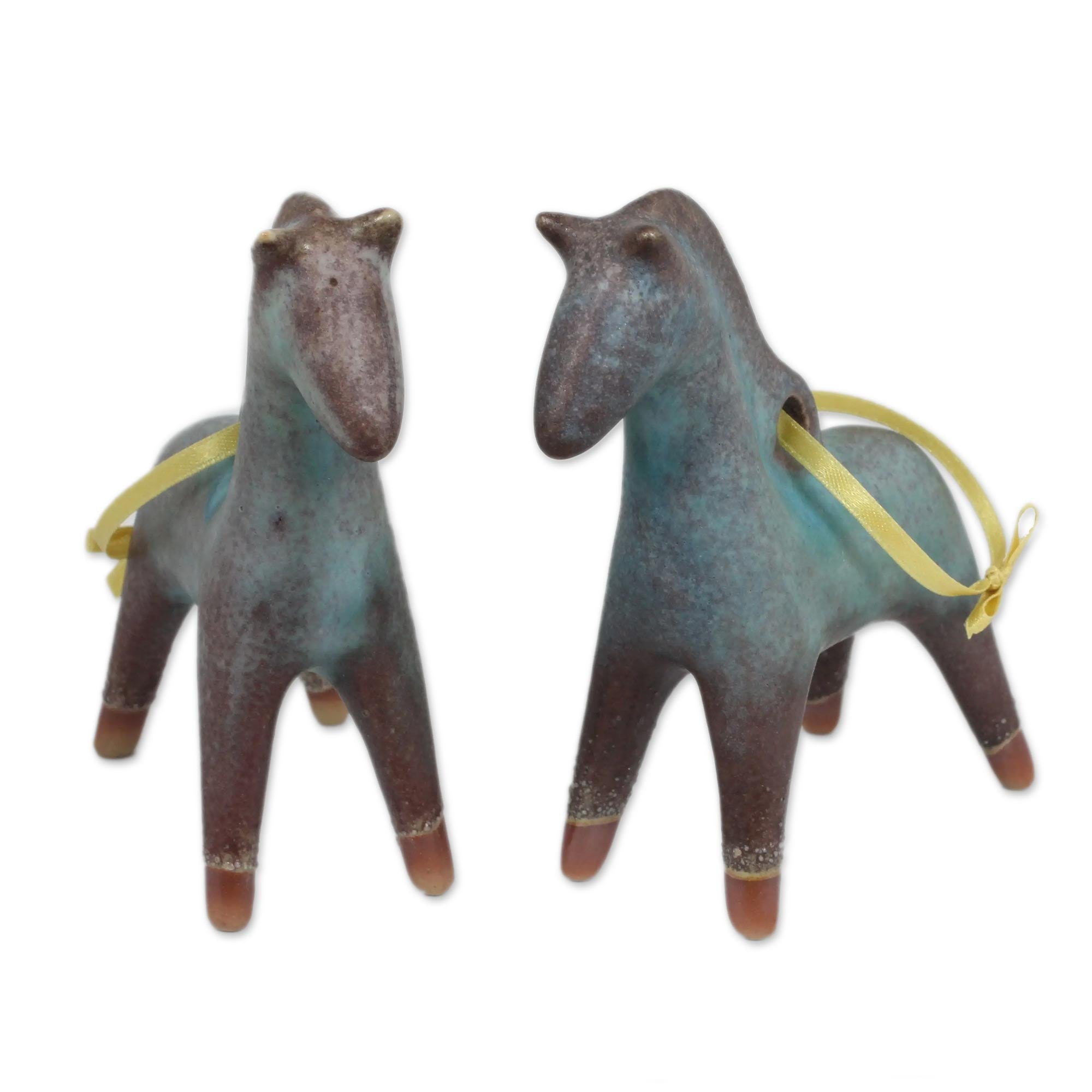 Premium Handcrafted Celadon Ceramic Christmas Horse Ornaments - Set of 2