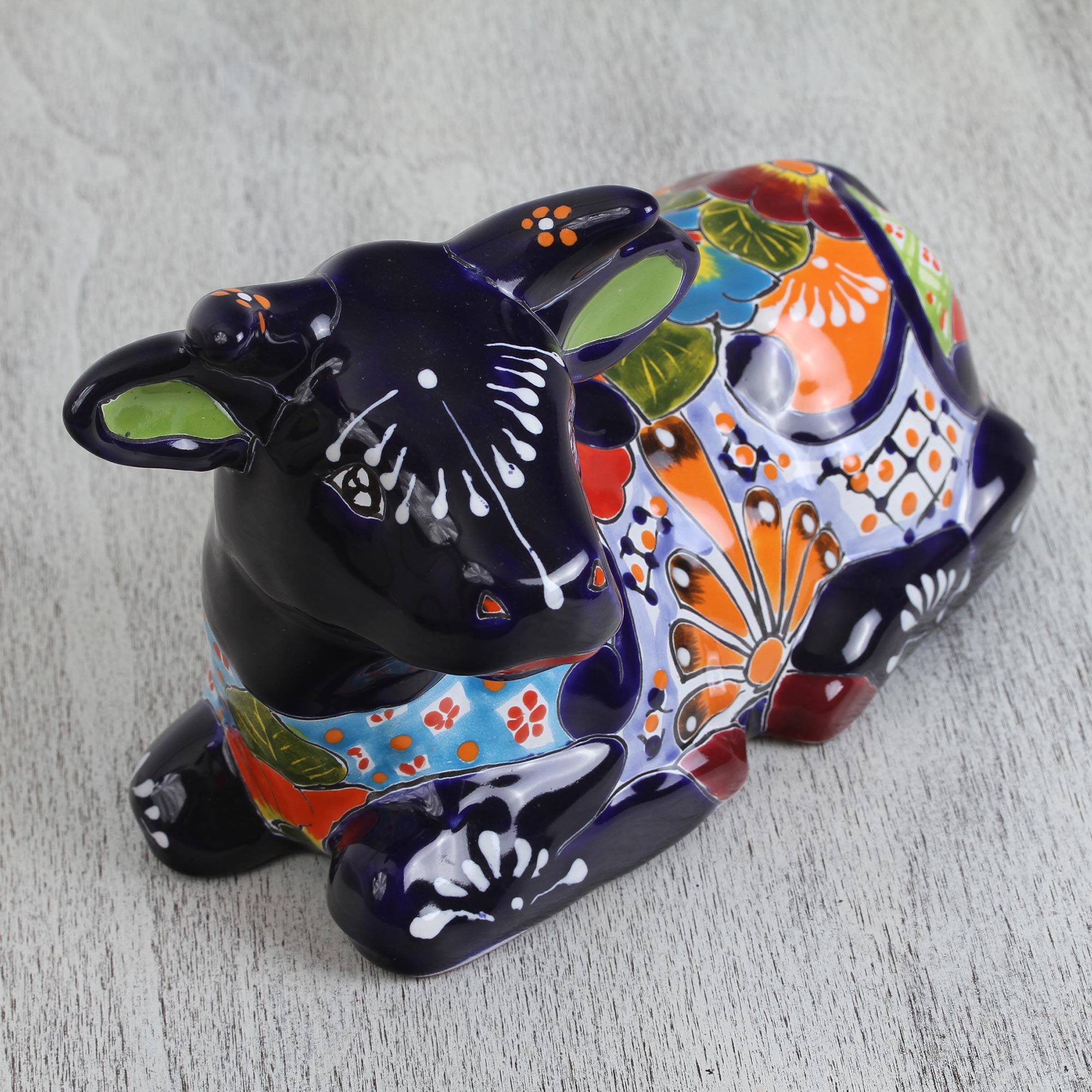 Premium Hand-Painted Talavera Ceramic Cow Sculpture – Vibrant Mexican Artisan Decor