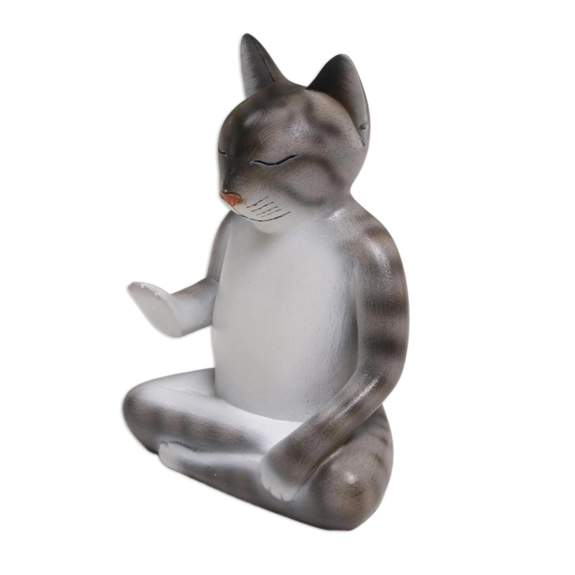 Premium Nirvana Kitty Meditation Sculpture - Handcrafted Grey & White Cat from Bali