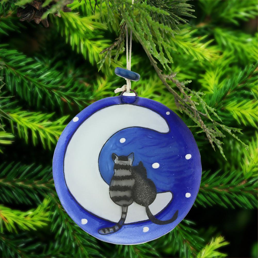 Premium Moon Cats Recycled Glass Ornament - Handmade & Eco-Friendly