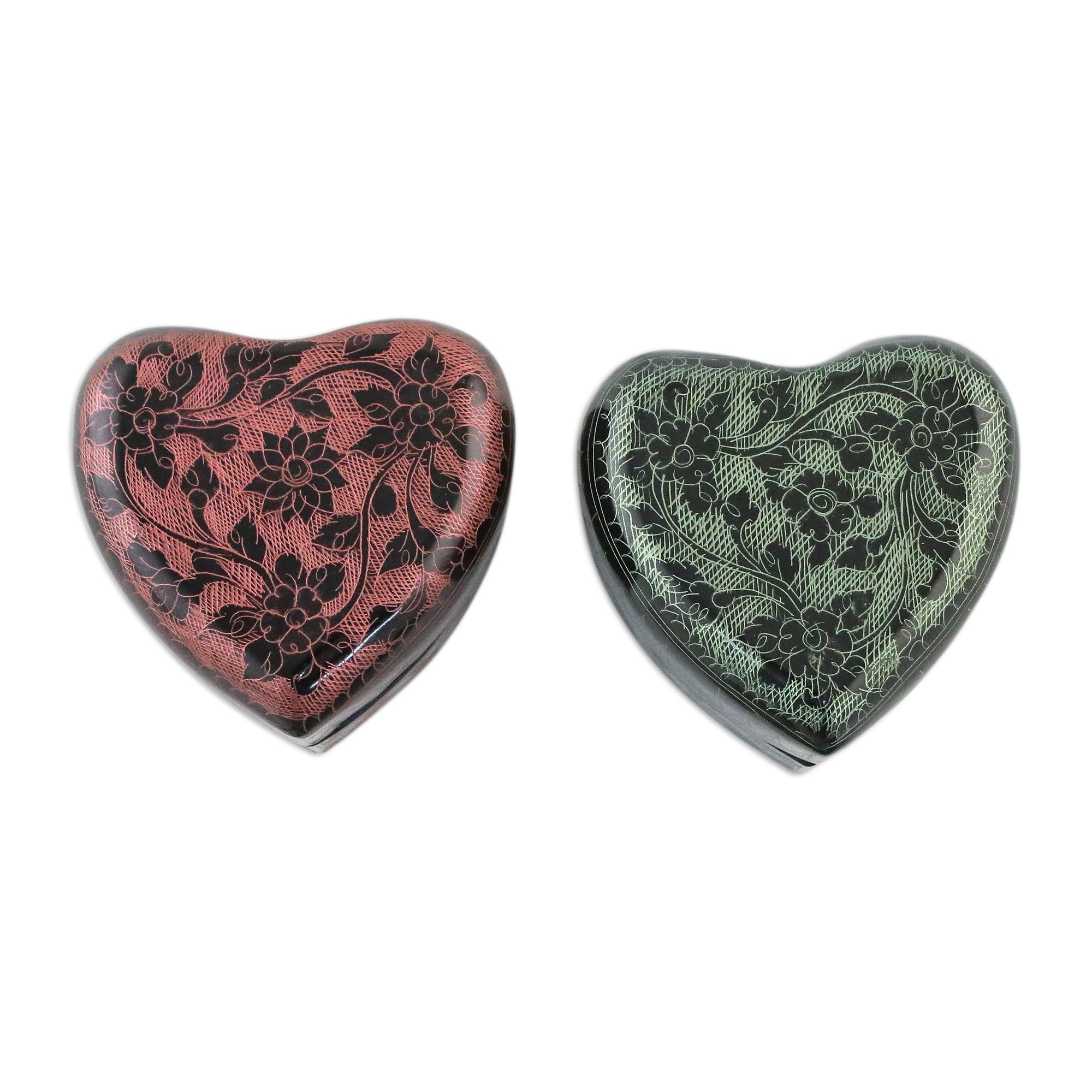 Premium Floral Hearts Lacquerware Box Set - Handcrafted Heart-Shaped Mango Wood Pair