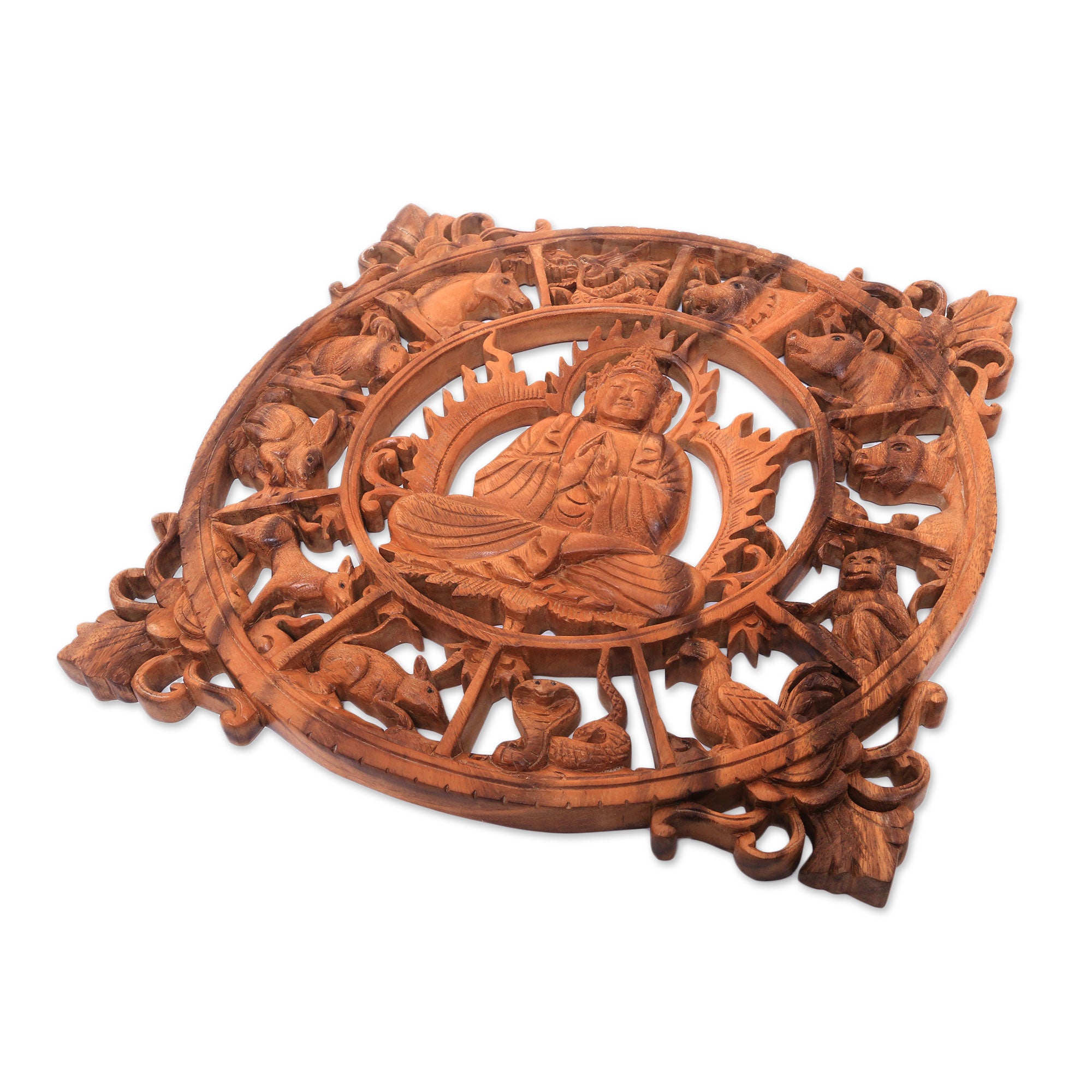 Premium Zodiac Buddha Wood Relief Panel – Handcrafted in Bali