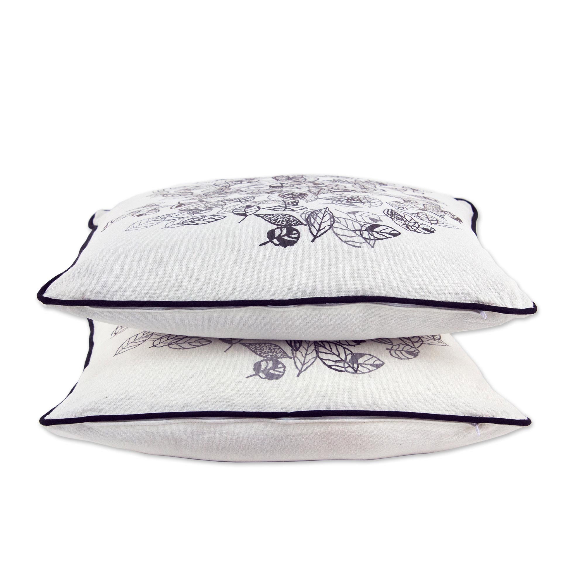 Premium Fair Trade Cotton Cushion Covers with Leaf Motif - Autumn Elegance (Pair)