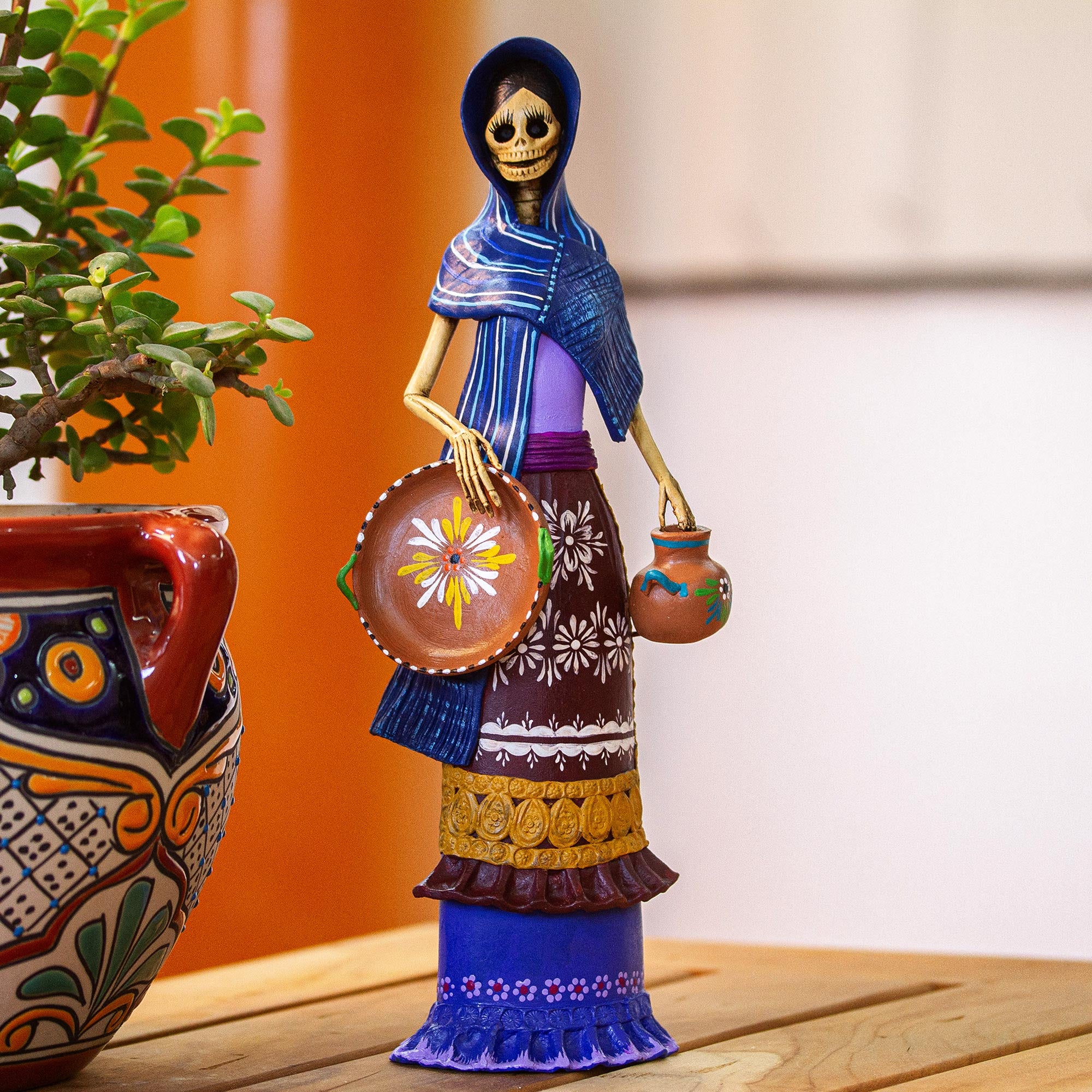 Premium Ceramic Catrina Sculpture - Doña Tomasa with Blue Mantle | Handcrafted in Mexico