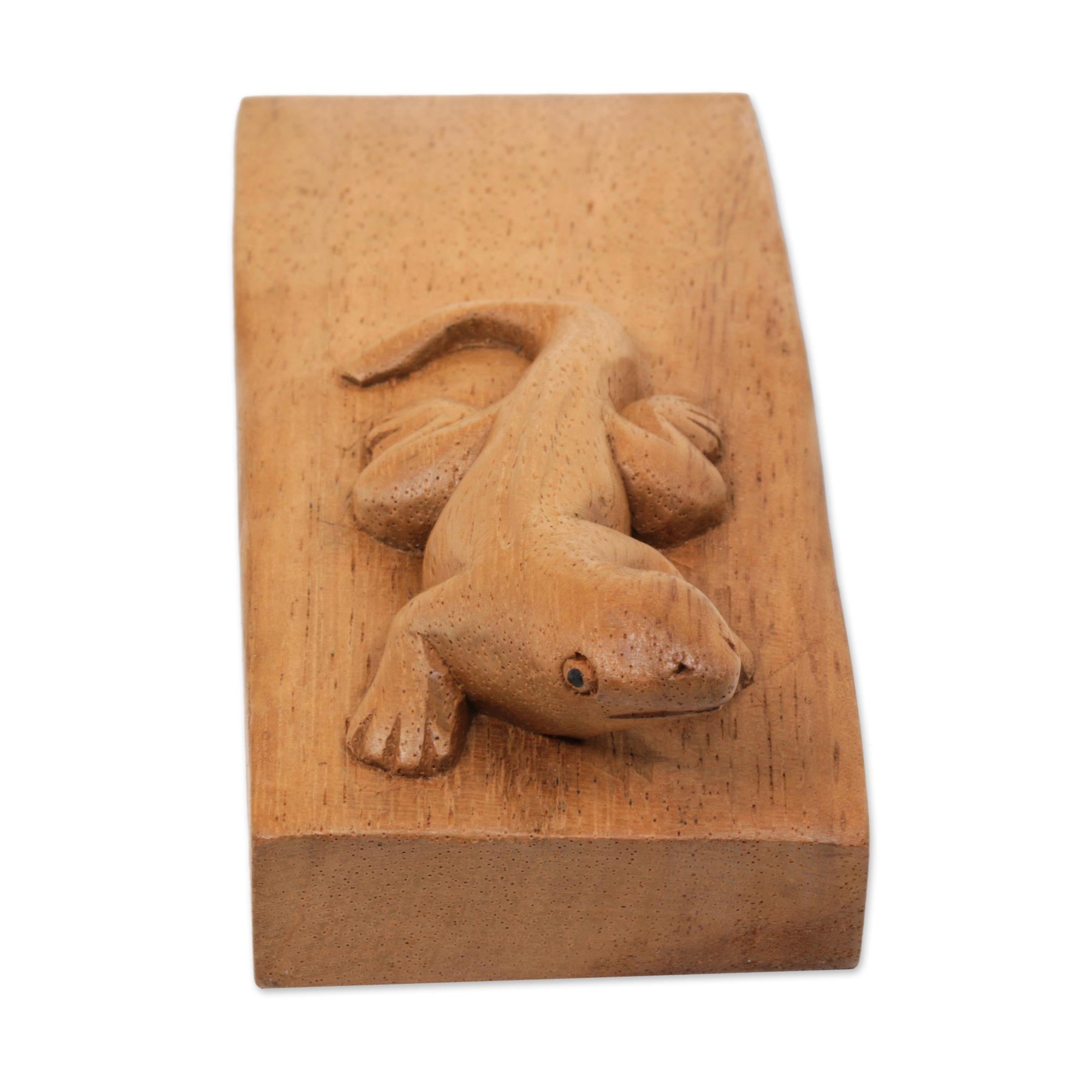 Premium Hand-Carved Suar Wood Gecko Door Stopper - Natural Brown Finish