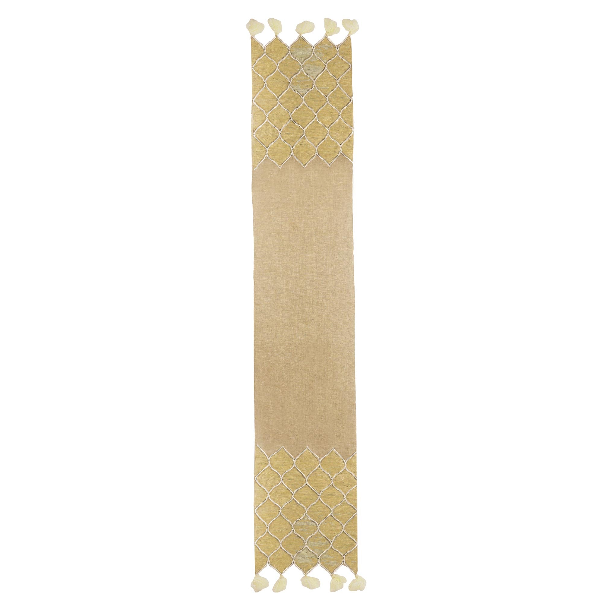 Premium Honeycomb Embroidered Cotton Table Runner with Beaded Jute Accents