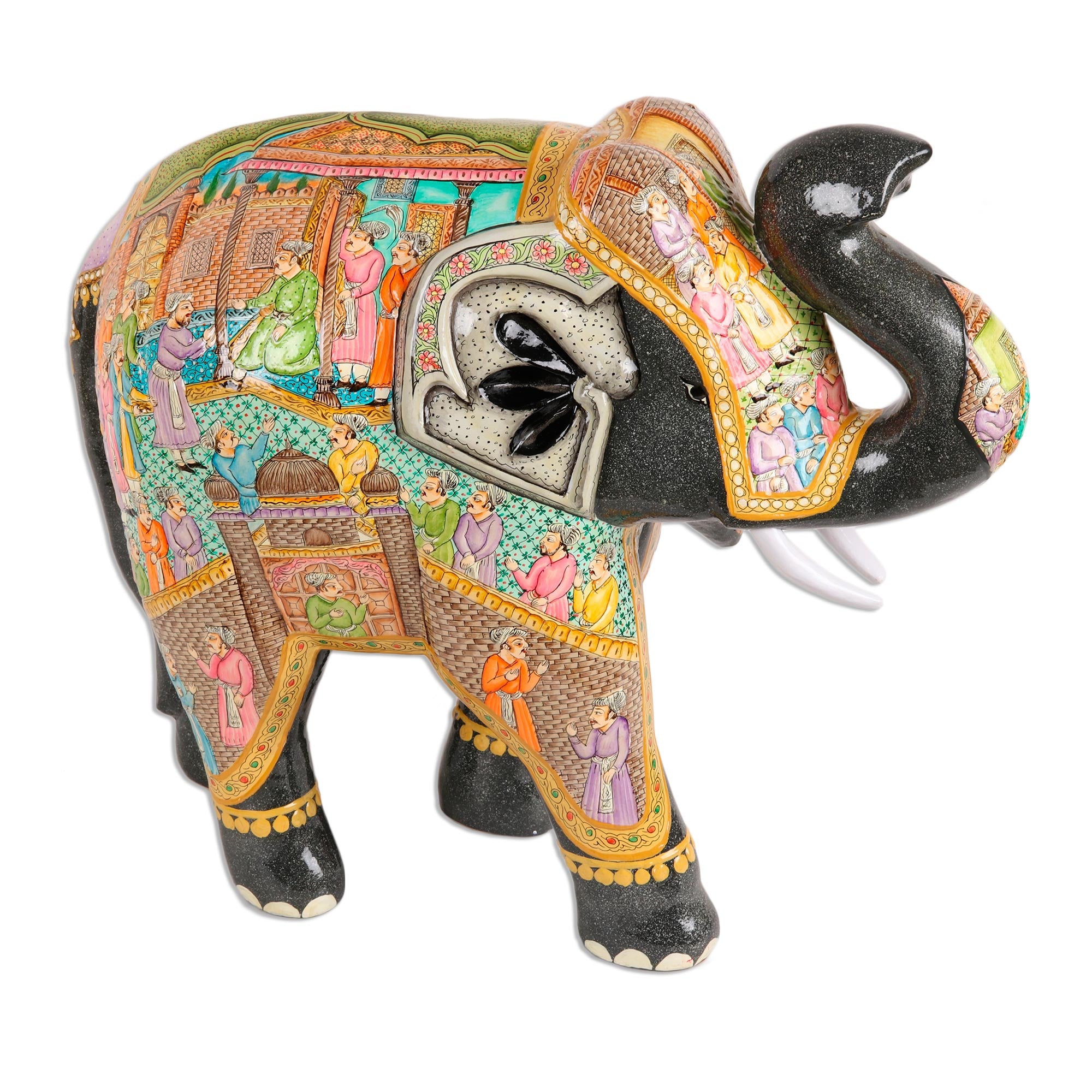 Premium Mughal Elephant Sculpture - Hand Painted Papier Mache Art Piece (14 Inch)