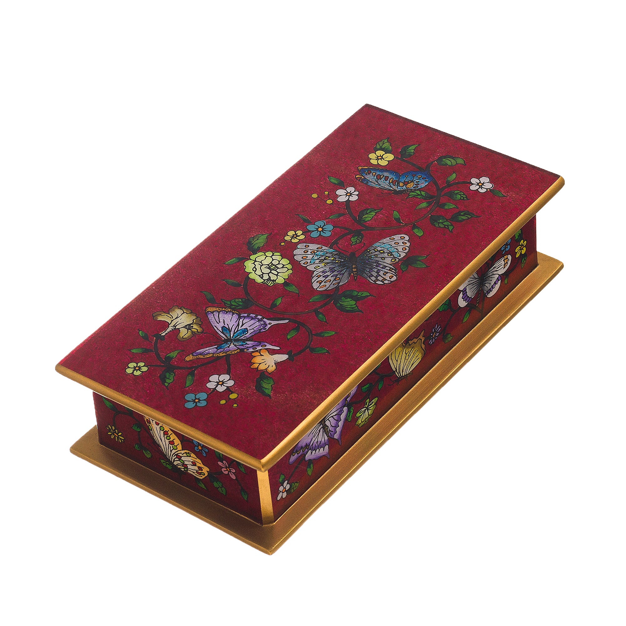 Premium Burgundy Reverse-Painted Glass Decorative Box with Butterflies