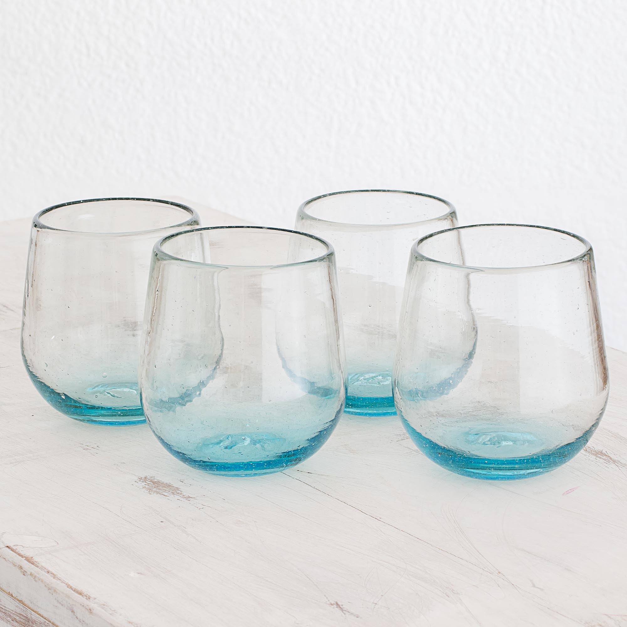 Premium Set of 4 Recycled Glass Stemless Wine Glasses - Glistening Sea Blue