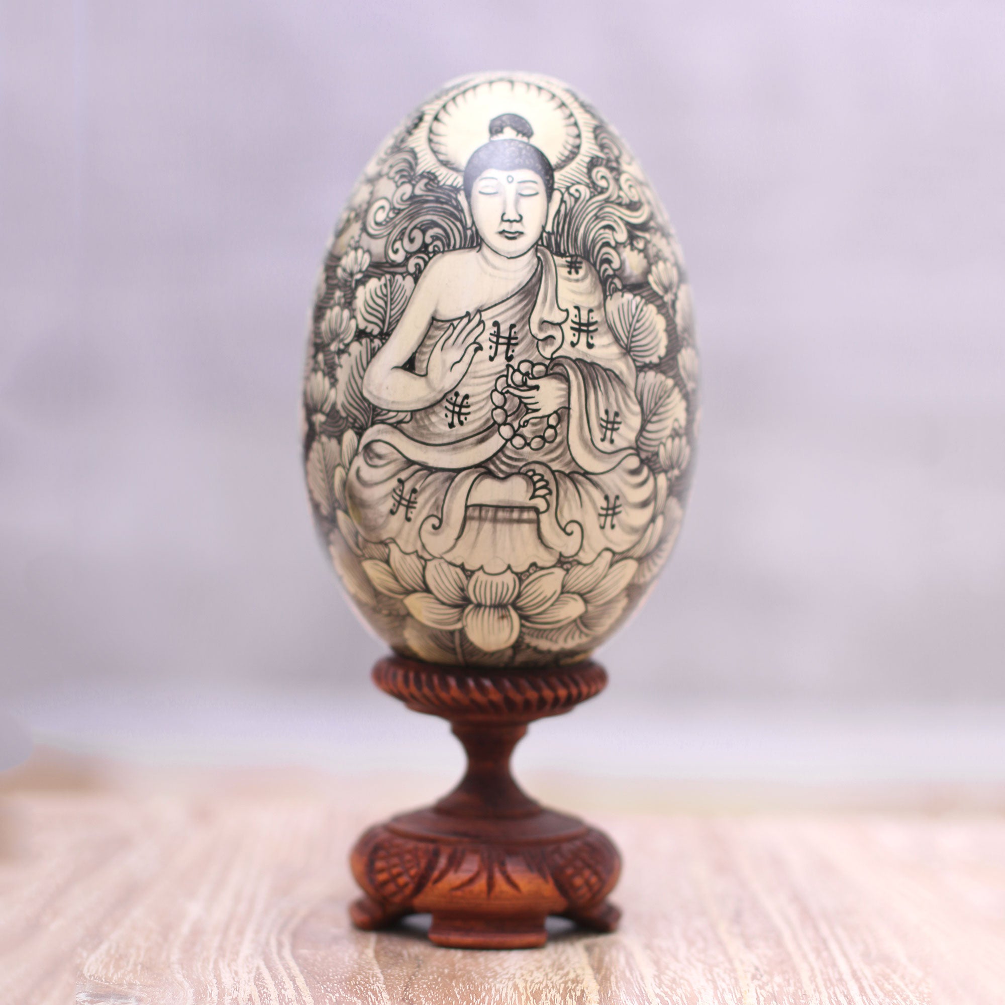 Premium Hand-Painted Buddha & Ganesha Wood Egg Statuette - Ultimate Spiritual Decor