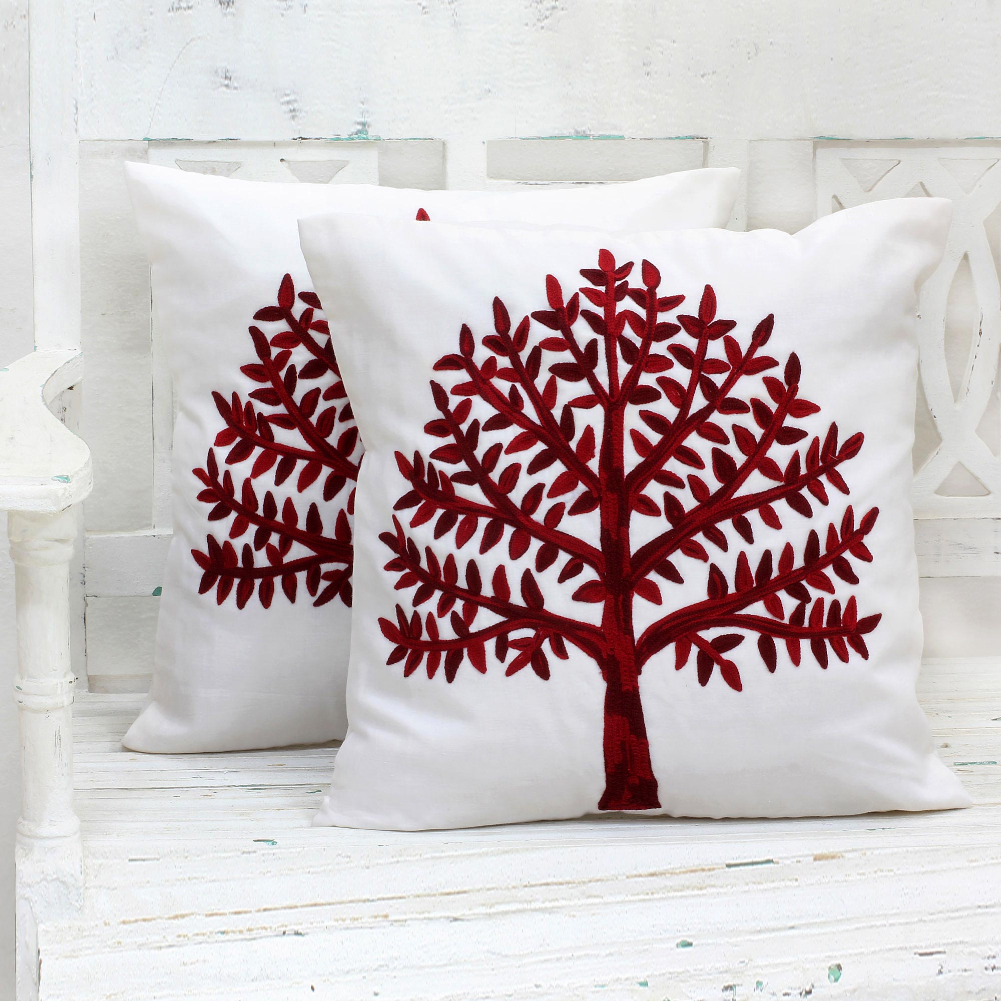 Premium Chinar Tree Embroidered Cotton Cushion Covers – Autumn Red Elegance (Pair)