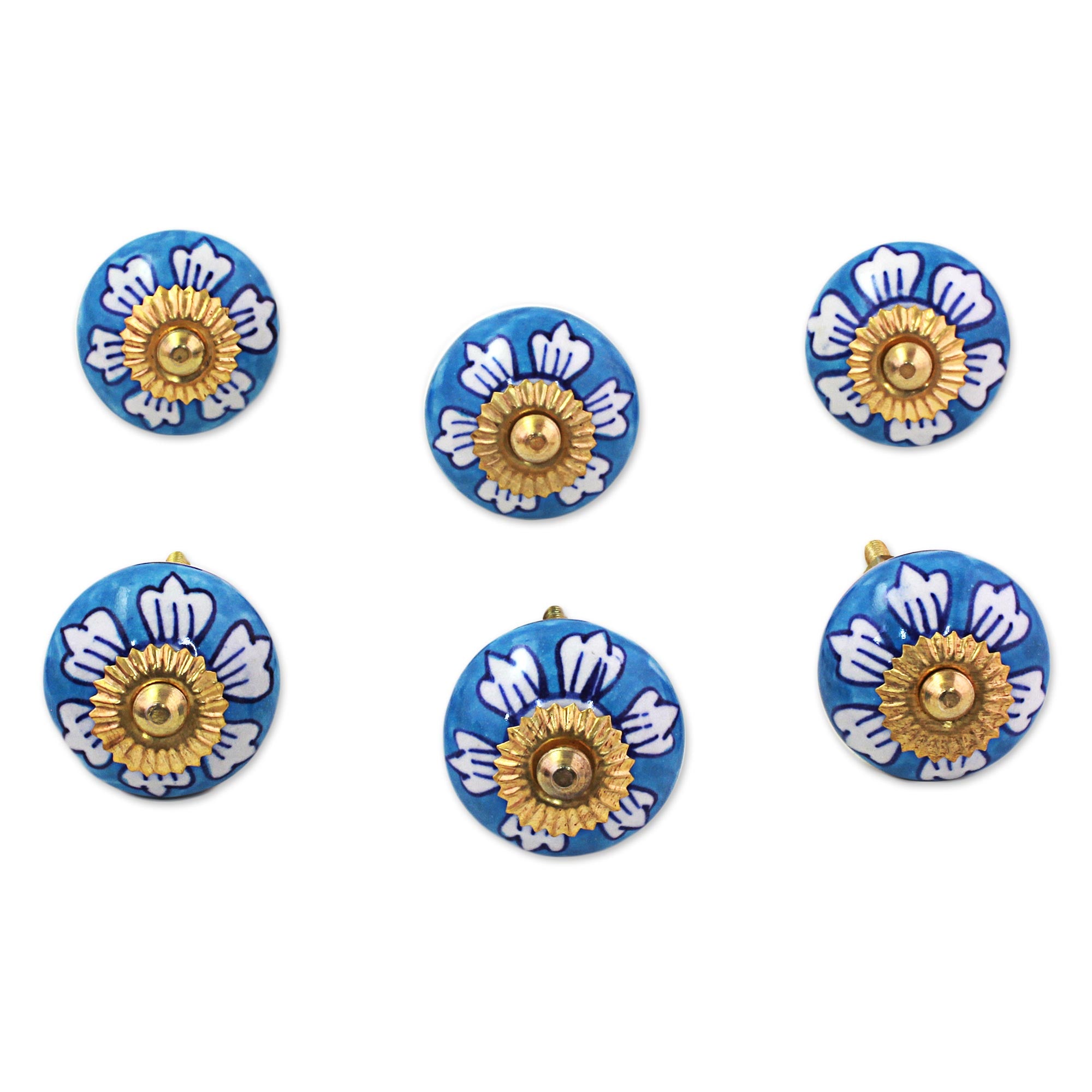 Premium Blue Floral Ceramic Cabinet Knobs - Handcrafted Set of 6