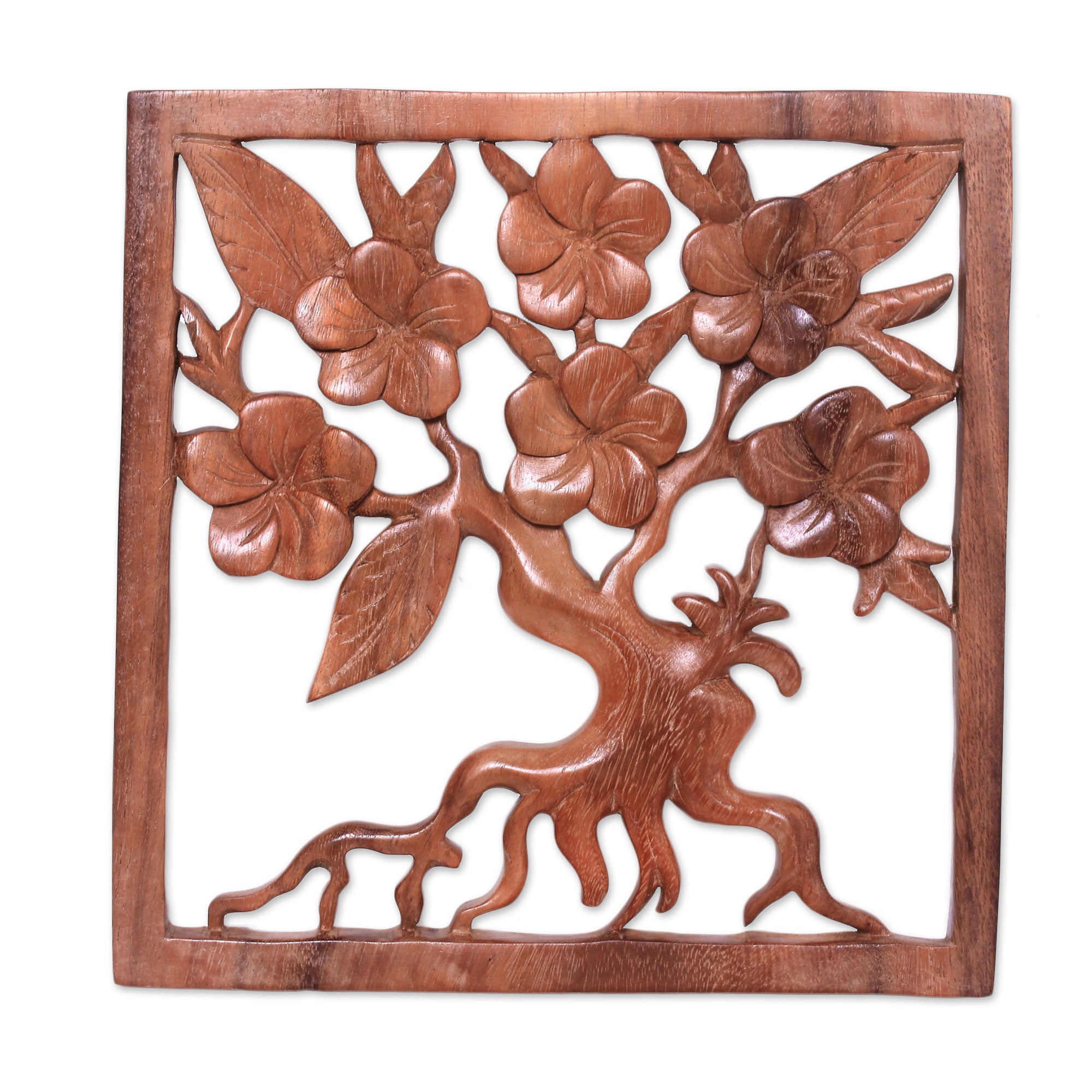 Premium Hand-Carved Plumeria Tree Wood Wall Art – Suar Wood Relief Panel