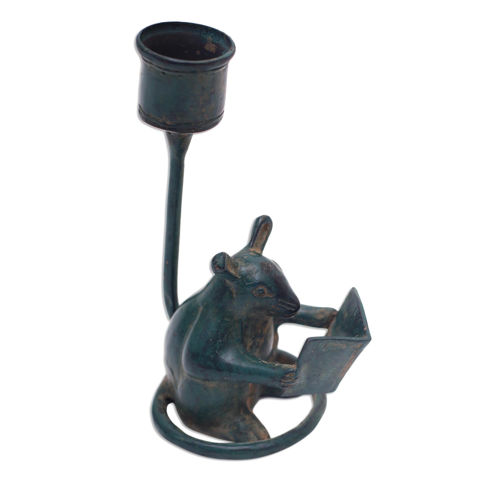 Premium Antiqued Bronze Reading Mouse Figurine - Whimsical Bali Art Piece