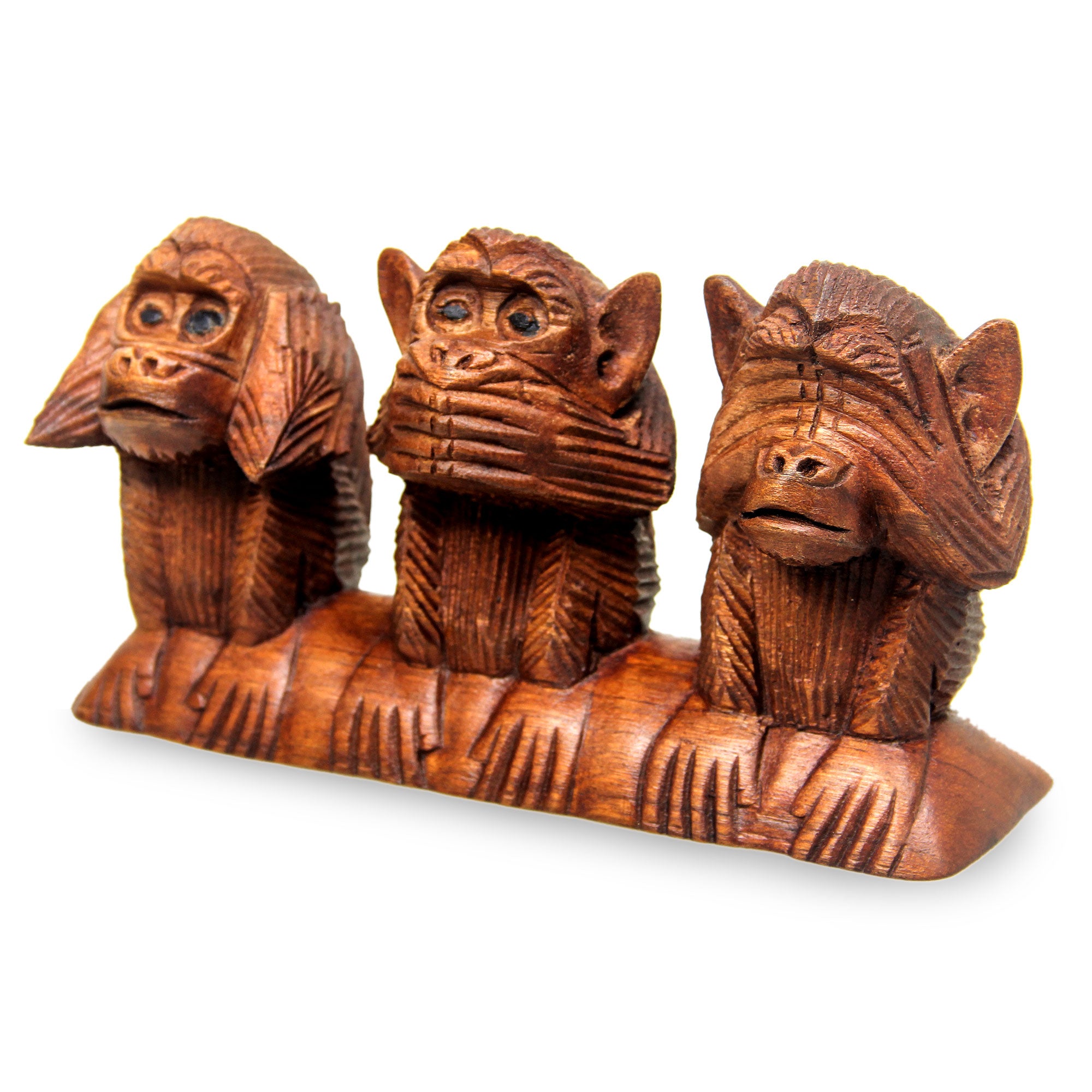 Premium Three Wise Monkeys Suar Wood Sculpture - Handcrafted Art Piece