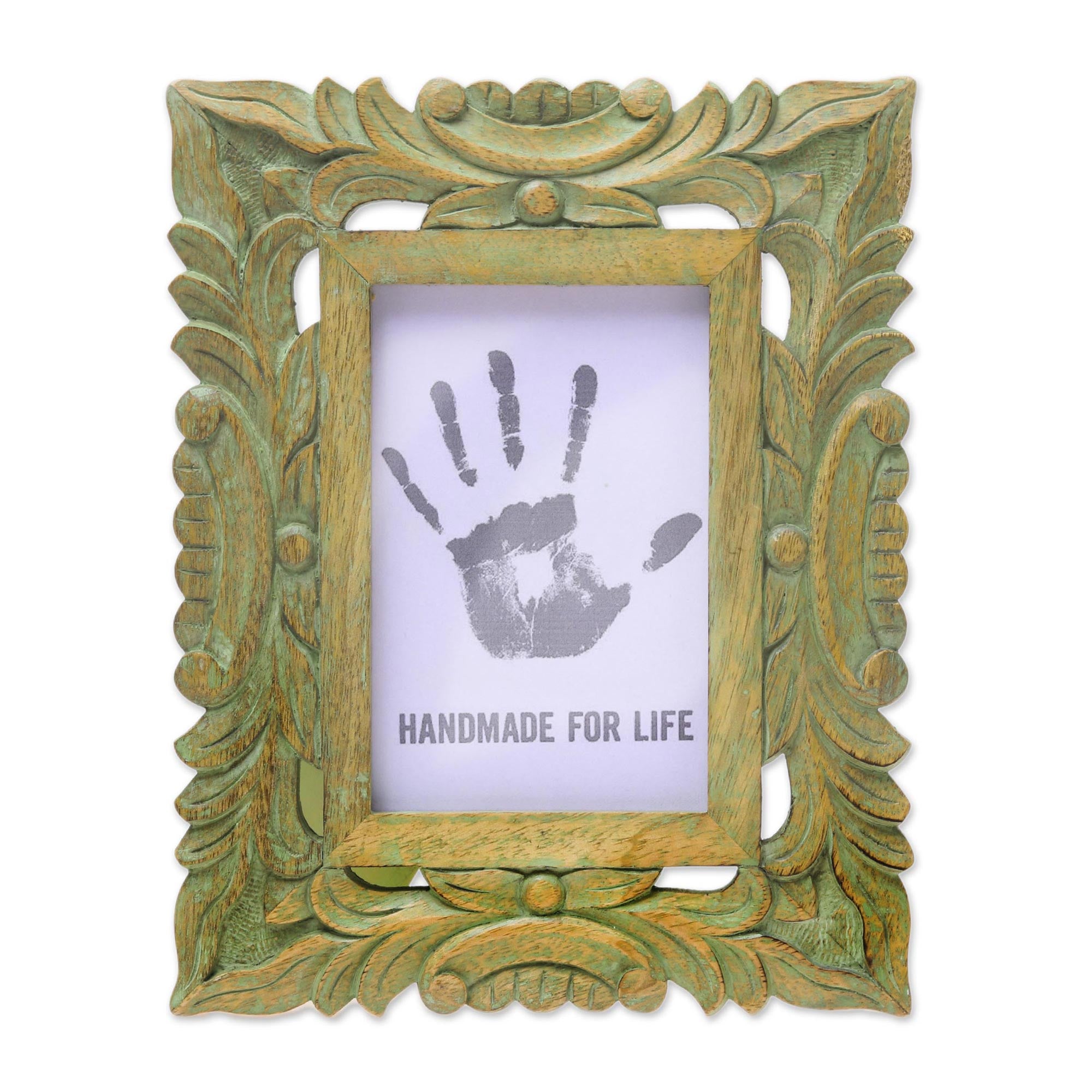 Premium Hand-Carved Rustic Leafy Vine Photo Frame - 4x6, Kelly Green
