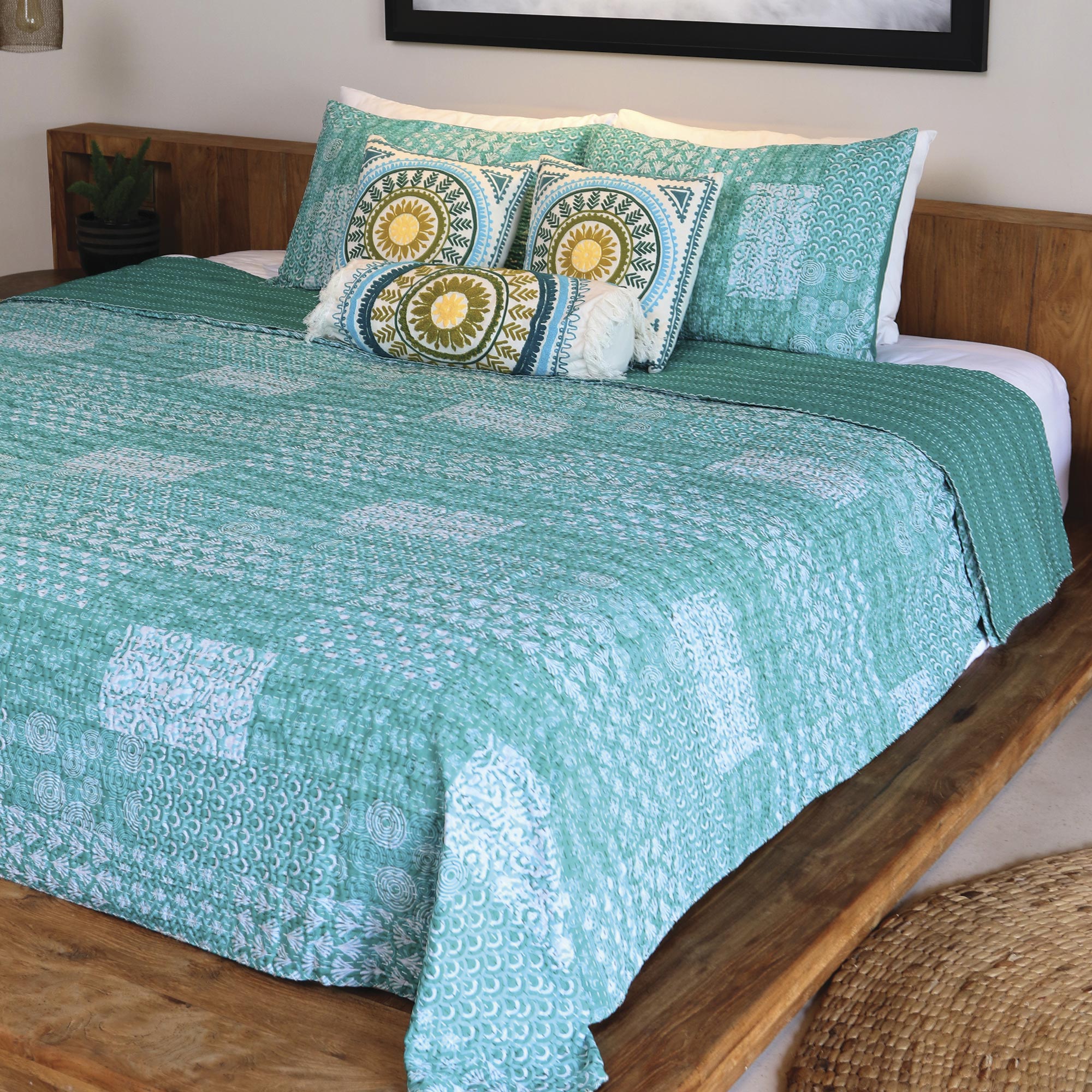Premium Turquoise Kantha Cotton Bedspread Set with Seaglass Accents (3-Piece)