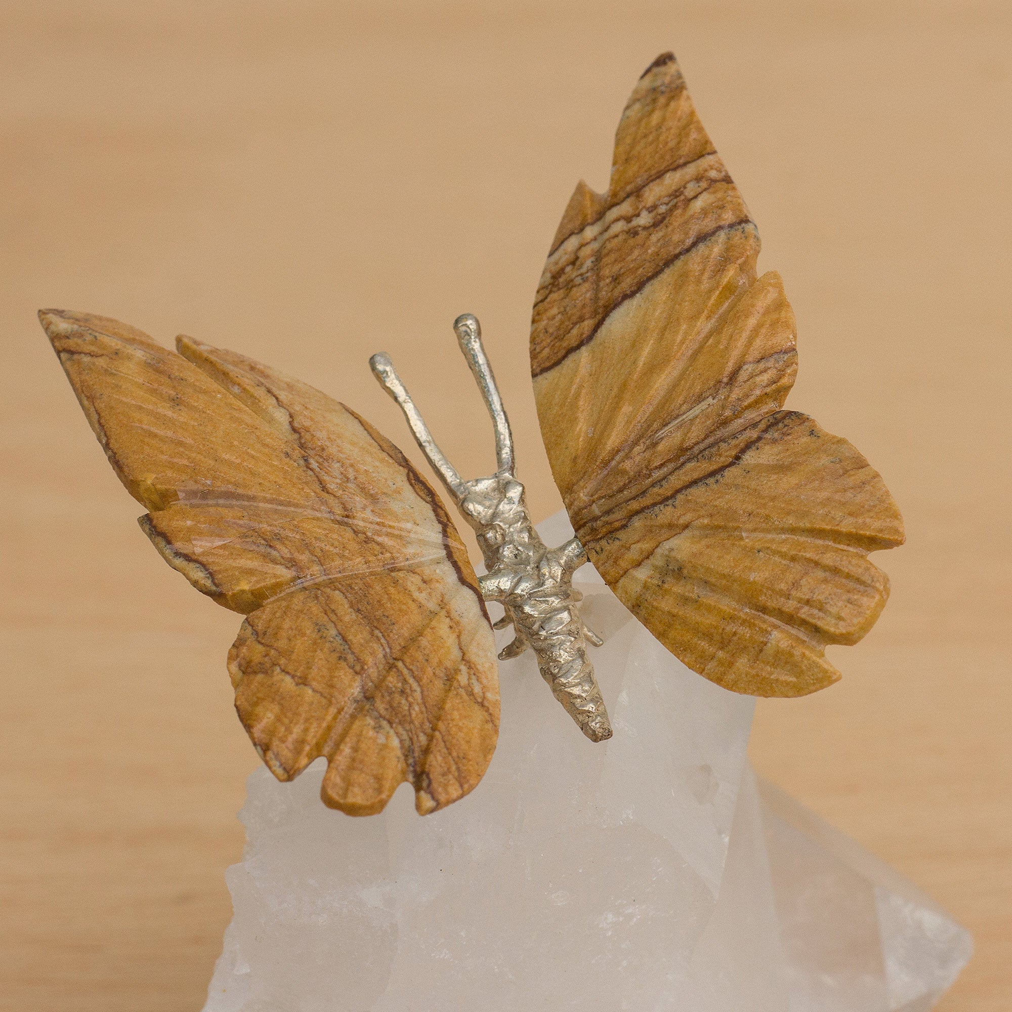 Premium Jasper Butterfly on Quartz Figurine - Natural Brazilian Artistry