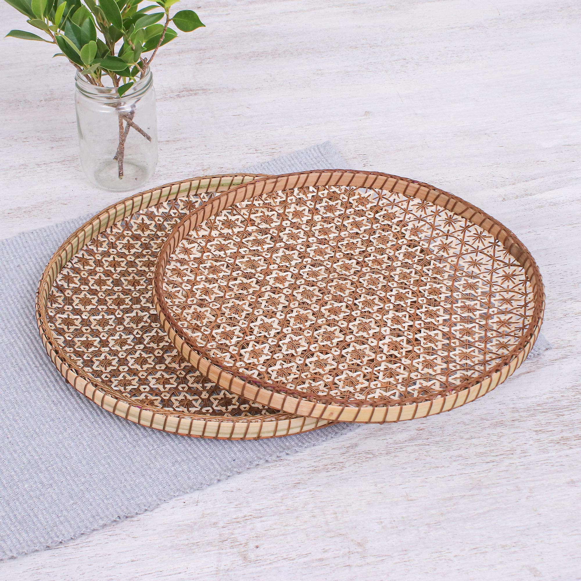 Premium Pikul Set of 2 Handcrafted Thai Rattan Trays with Floral Motif – Ultimate Gift for Best Wishes