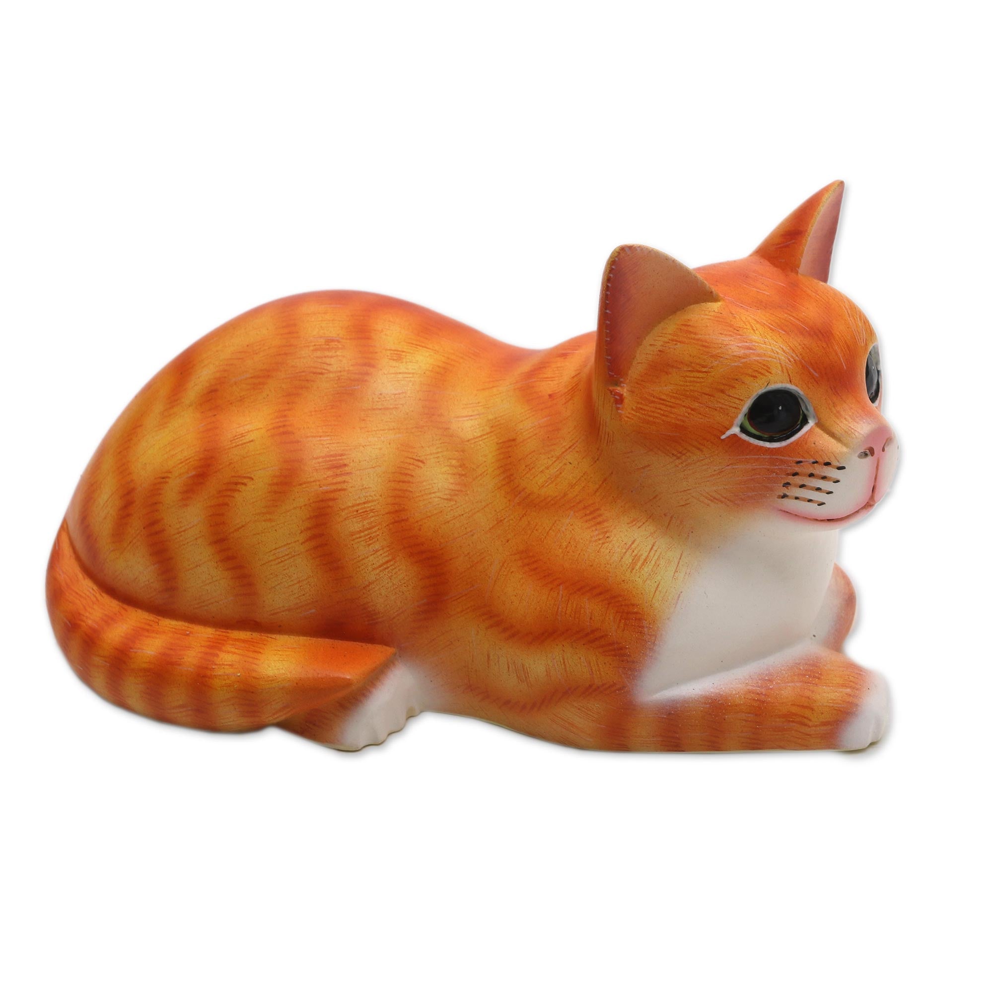 Premium Hand-Carved Orange Lying Cat Sculpture - Signed Balinese Art Piece