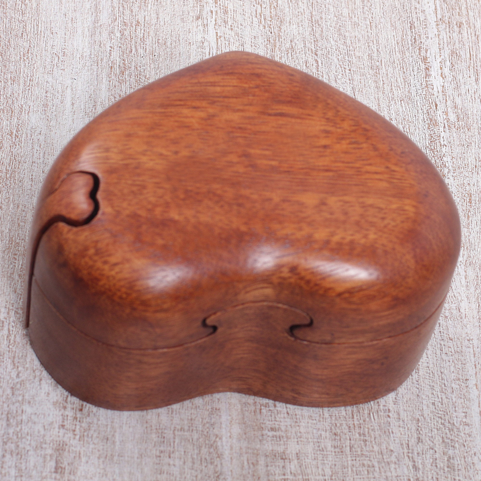 Premium Hand-Carved Suar Wood Puzzle Heart Box from Bali - Romantic Keepsake