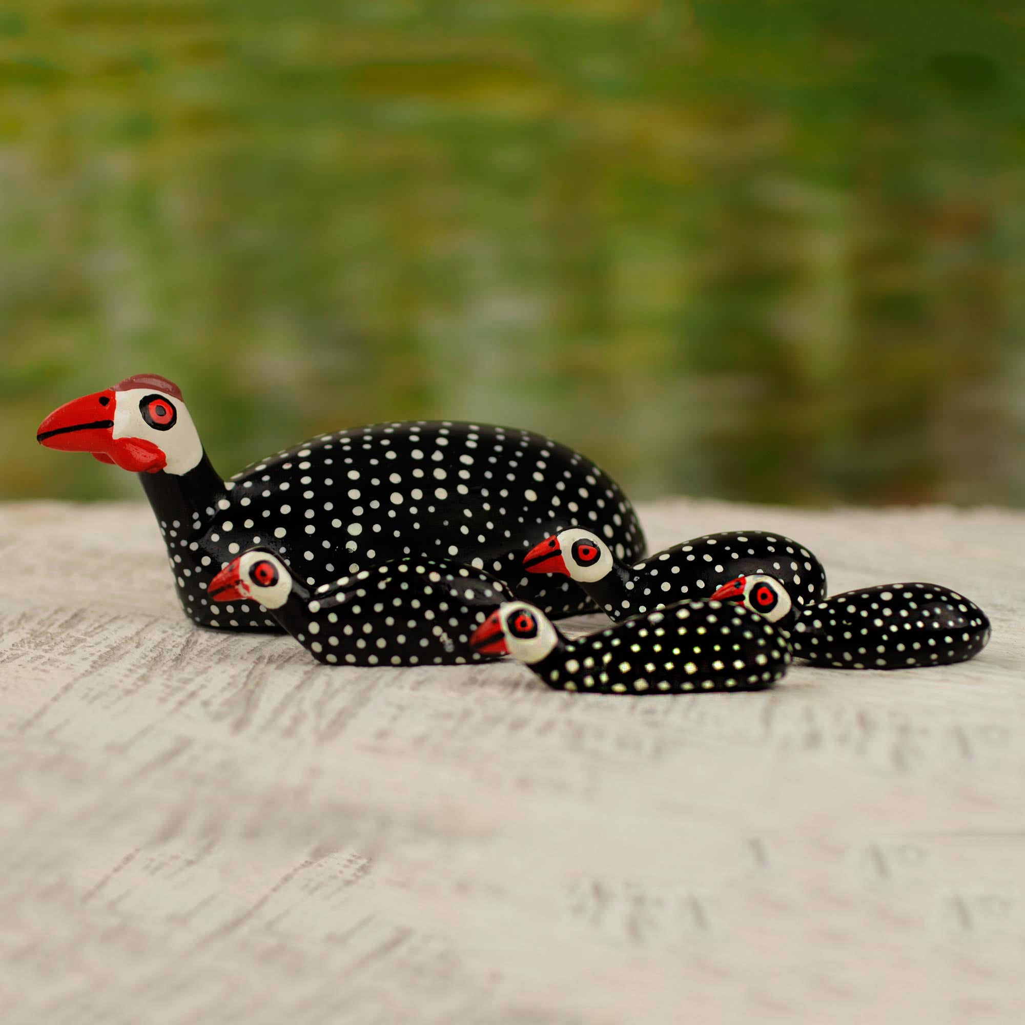 Premium Hand-Carved African Guinea Fowl Sculpture Set of 5