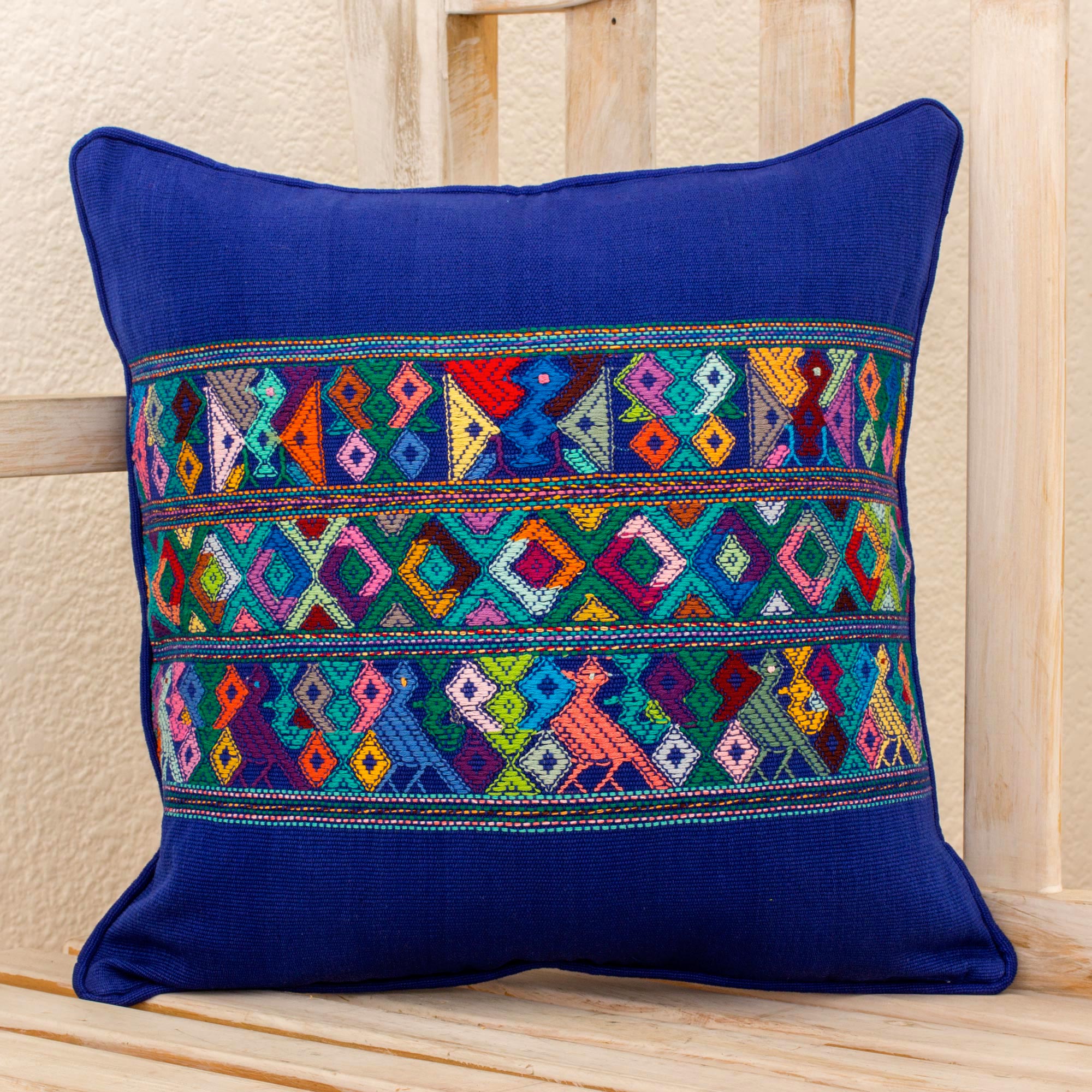 Premium Handwoven Blue Bird Cotton Cushion Cover - Quiché Maya Design