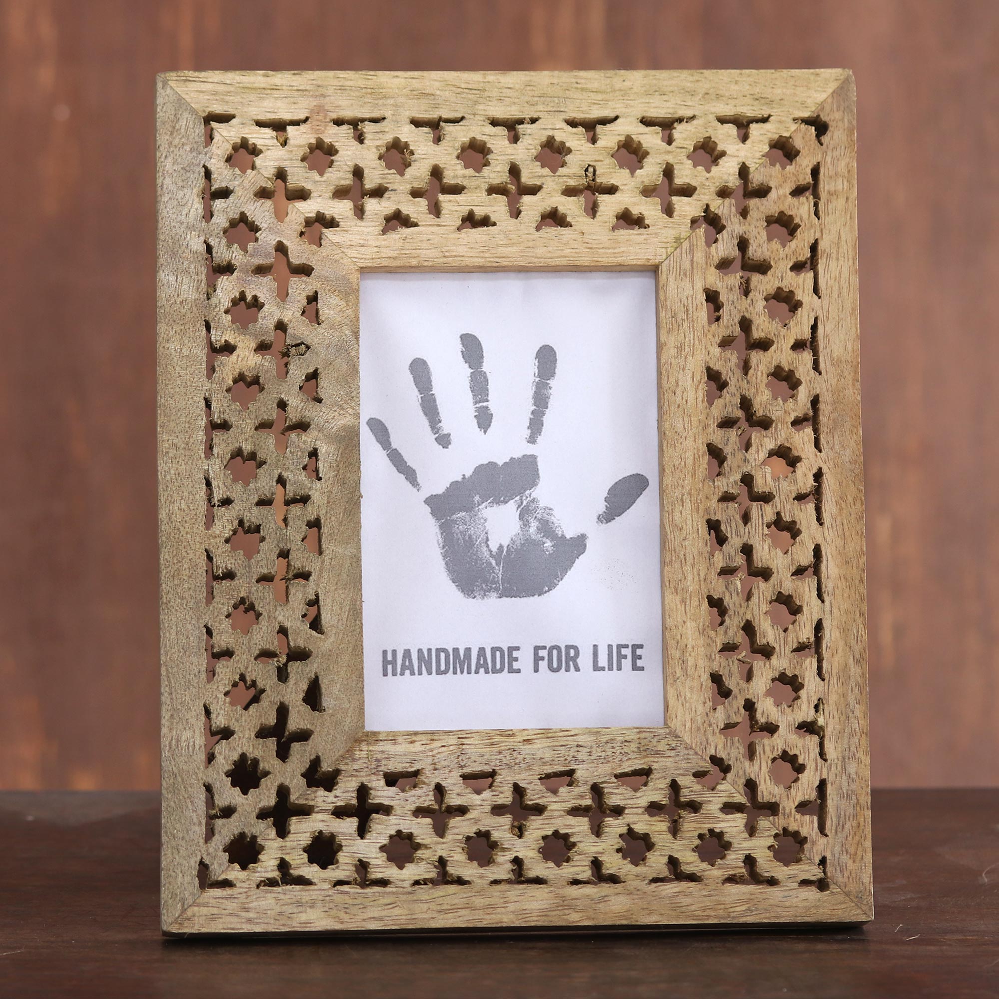 Premium Hand-Carved Mango Wood Starry Blossoms Photo Frame 4x6 – Rustic Elegance