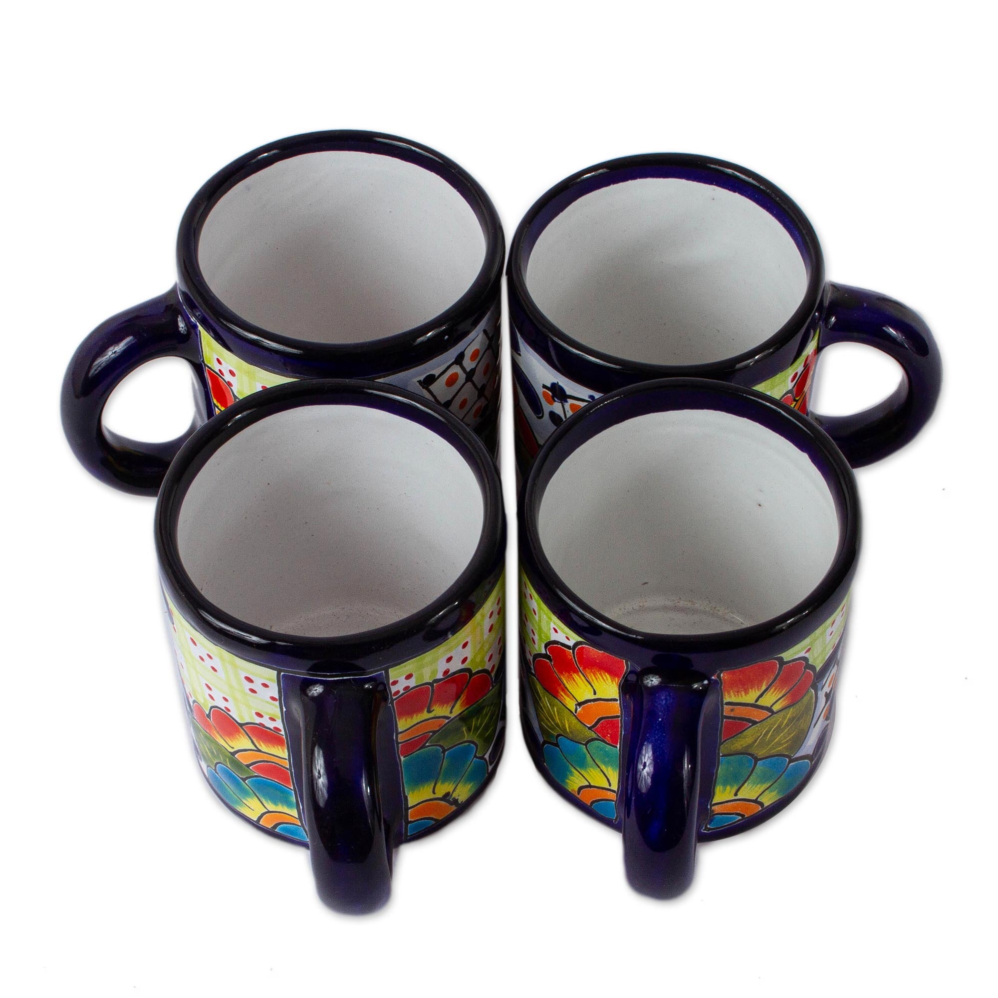 Premium Raining Flowers Collection: Set of 4 Handcrafted Mexican Talavera Floral Ceramic Mugs