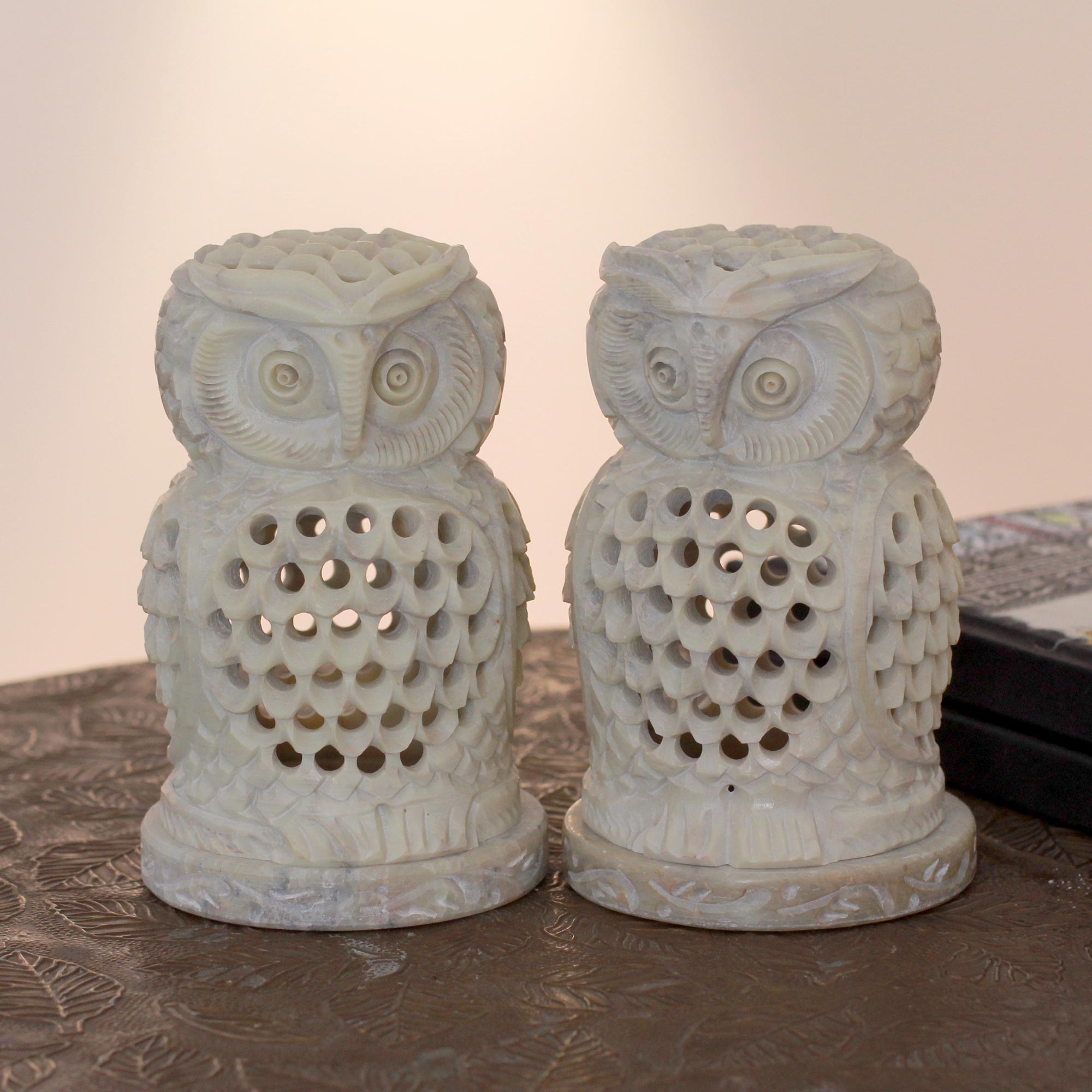 Premium Handcrafted Soapstone Owl Candleholders - Set of 2