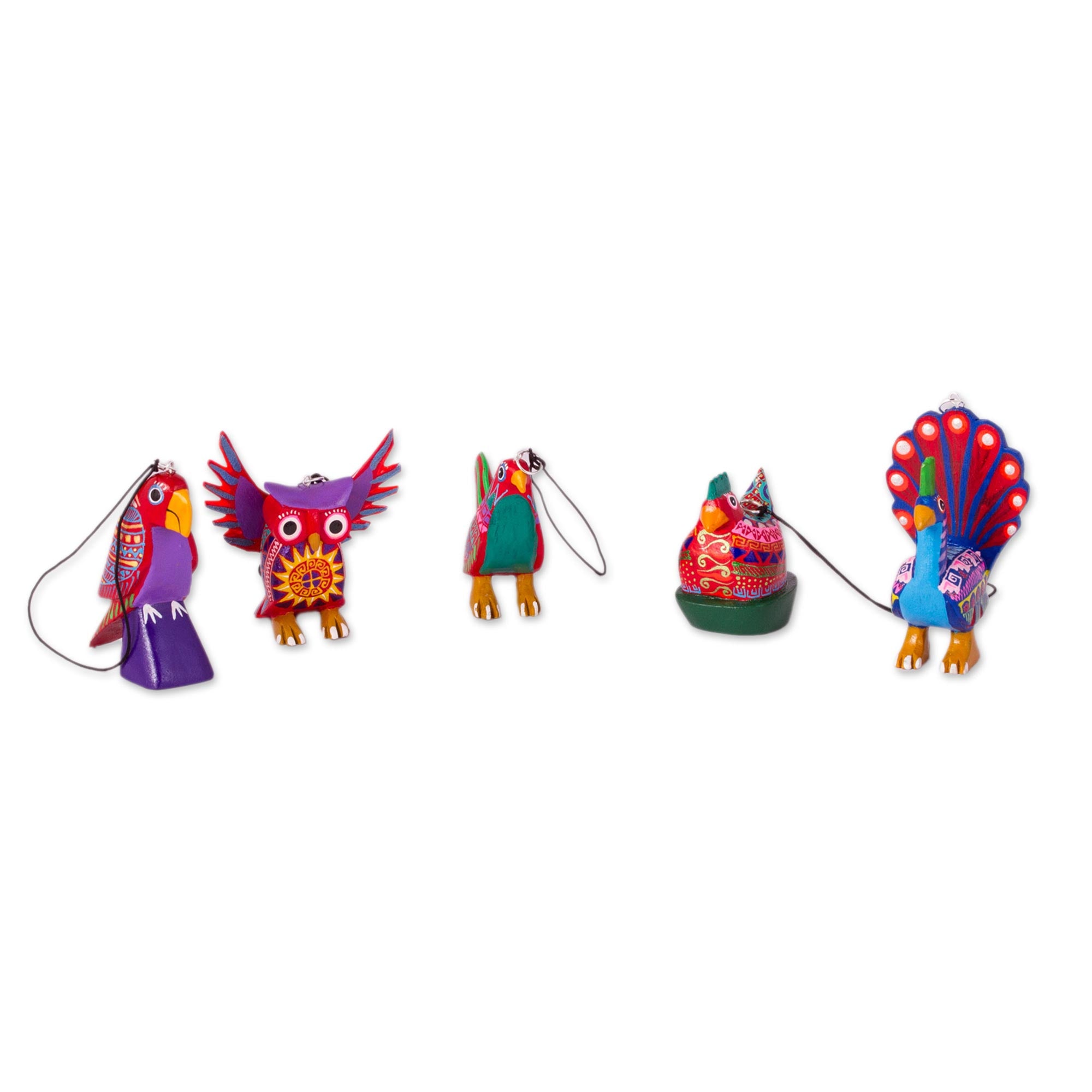 Premium Hand-Painted Alebrije Wooden Bird Ornaments - Set of 5 (Magic Birds Collection)