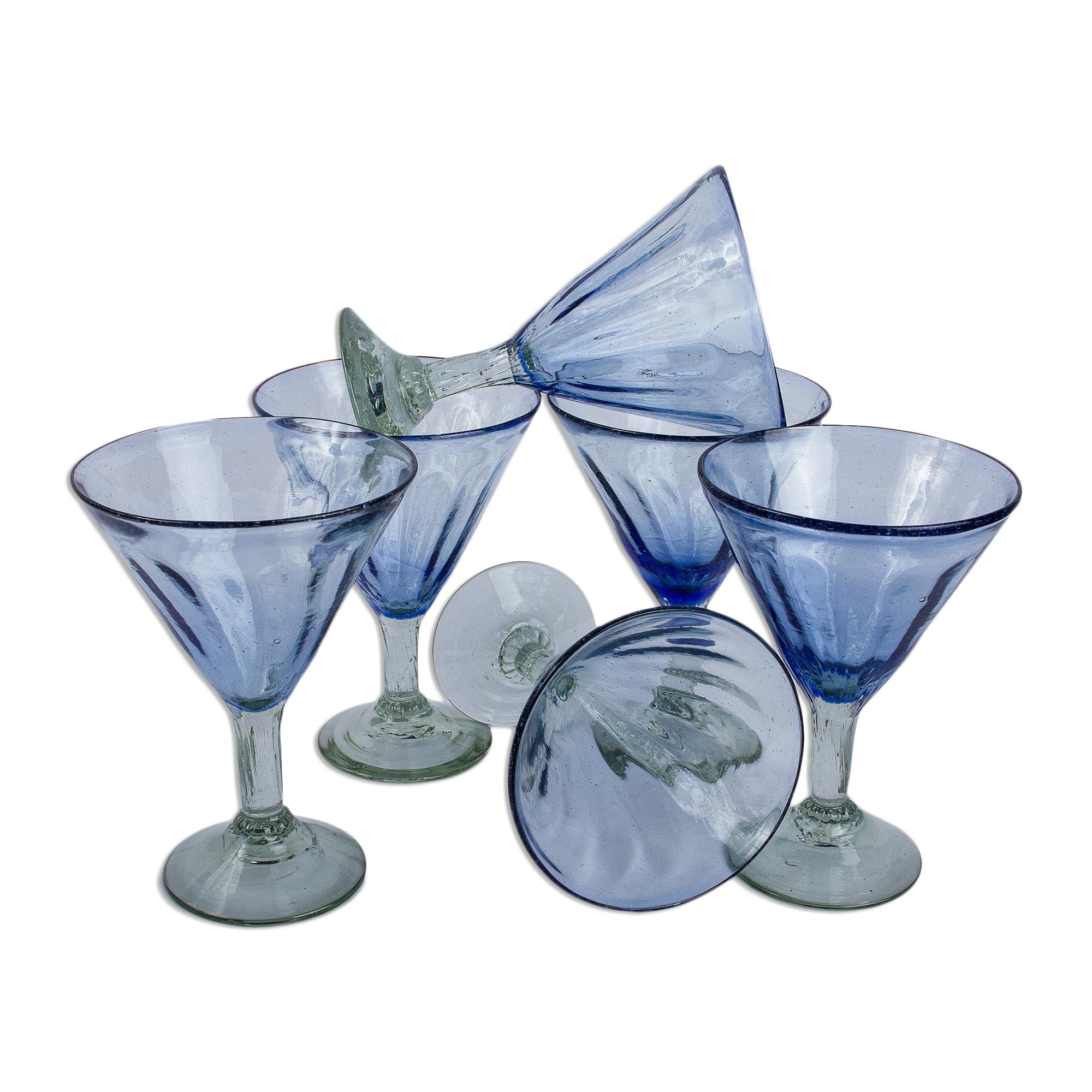 Premium Fiesta Azul Hand-Blown Recycled Glass Martini Glasses - Set of 6