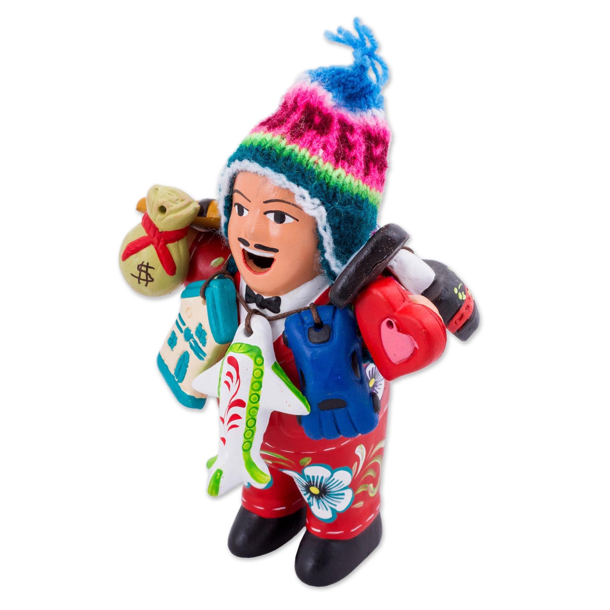 Premium Ekeko of Abundance Sculpture – Handcrafted Red Ceramic with Wool Cap from Peru