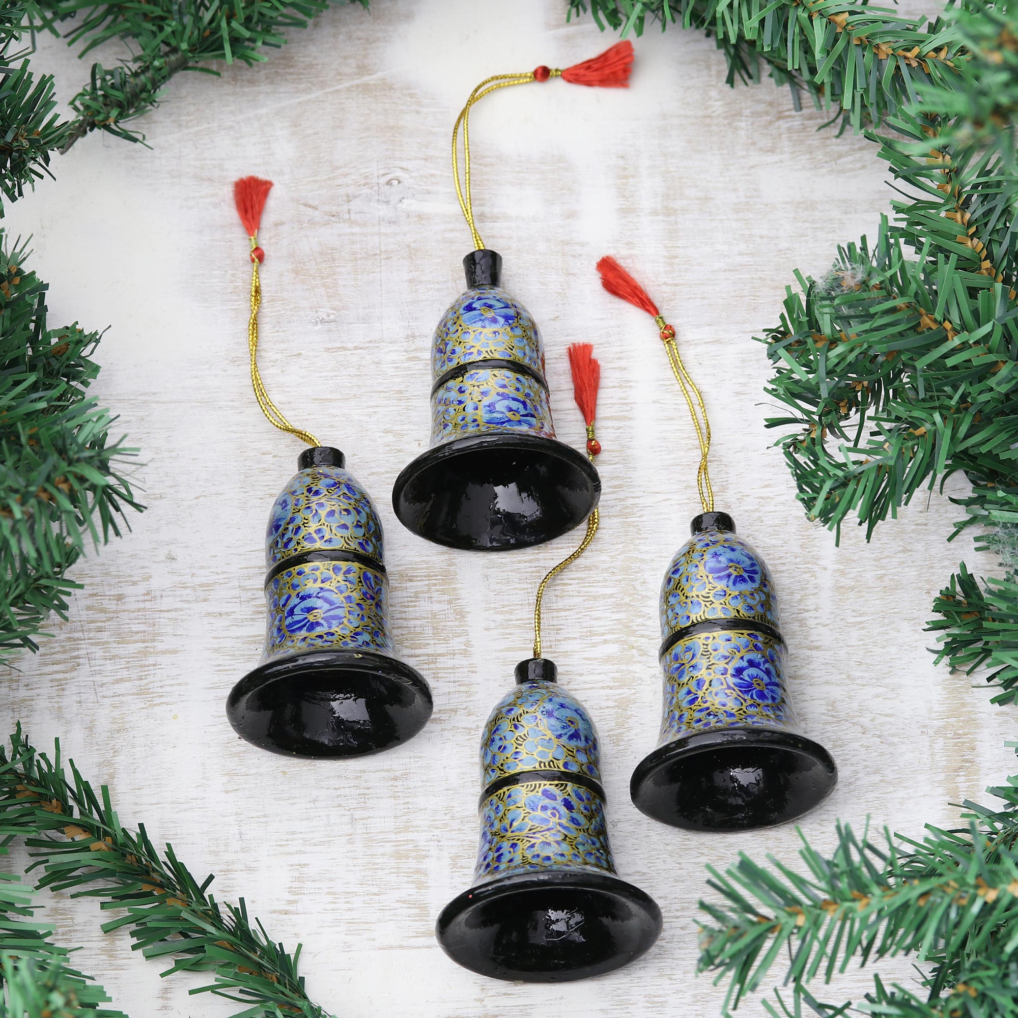 Premium Blue Bloom Papier Mache Bell Ornaments - Handcrafted Set of 4 from Kashmir
