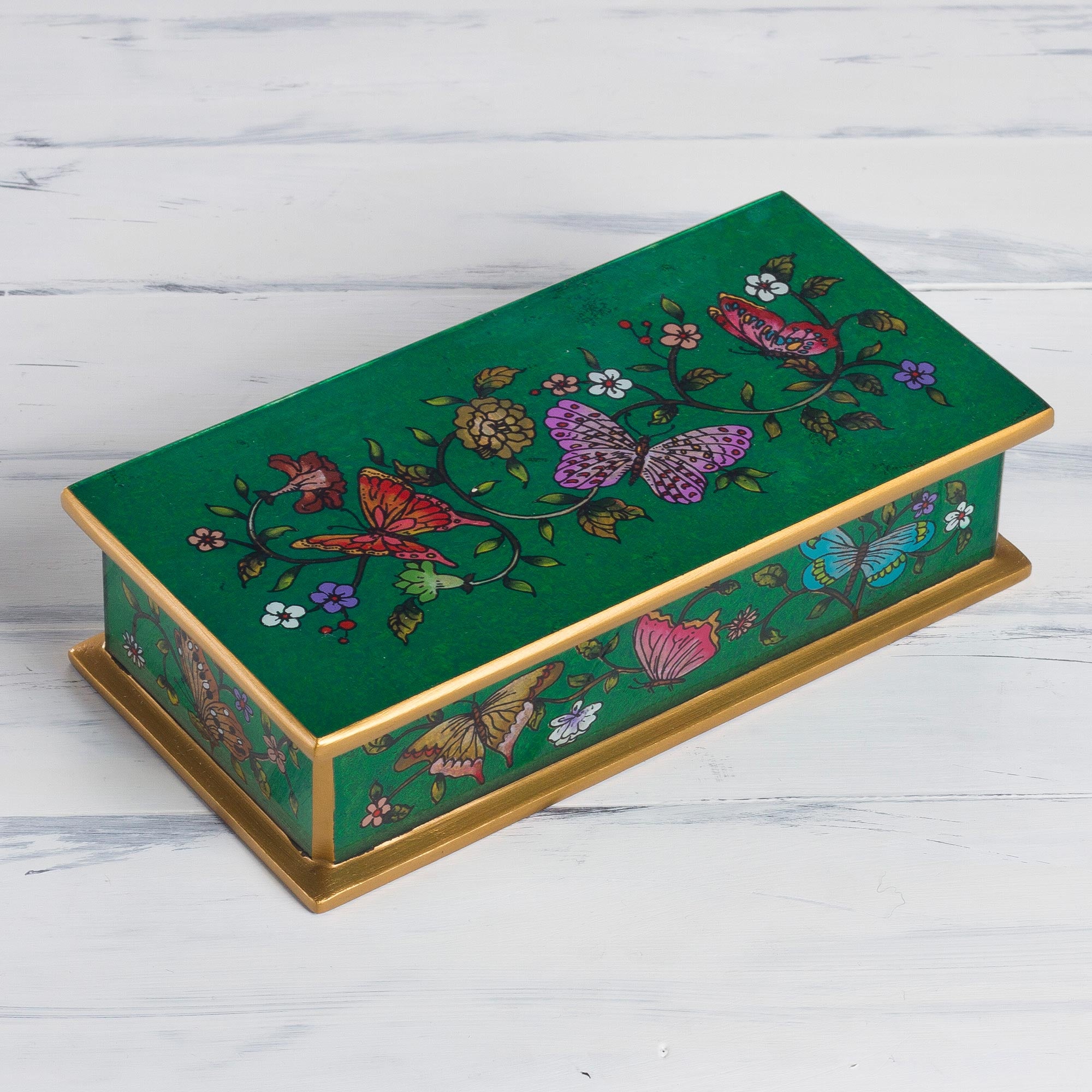 Premium Emerald Glass Jewelry Box with Gold Accents