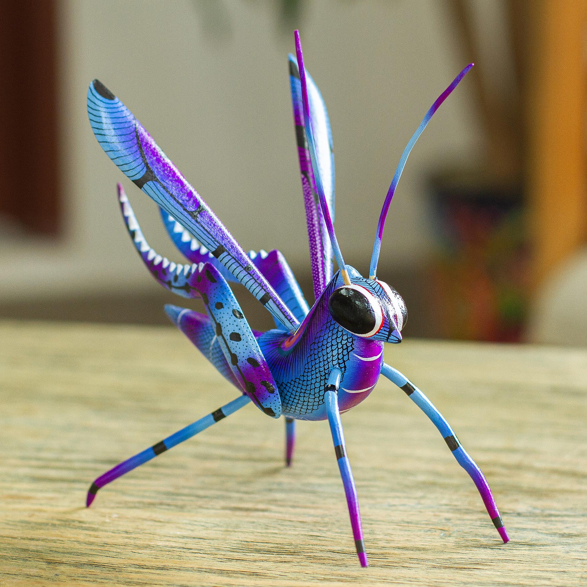 Premium Blue Cricket Alebrije Sculpture - Handcrafted Good Luck Charm from Mexico