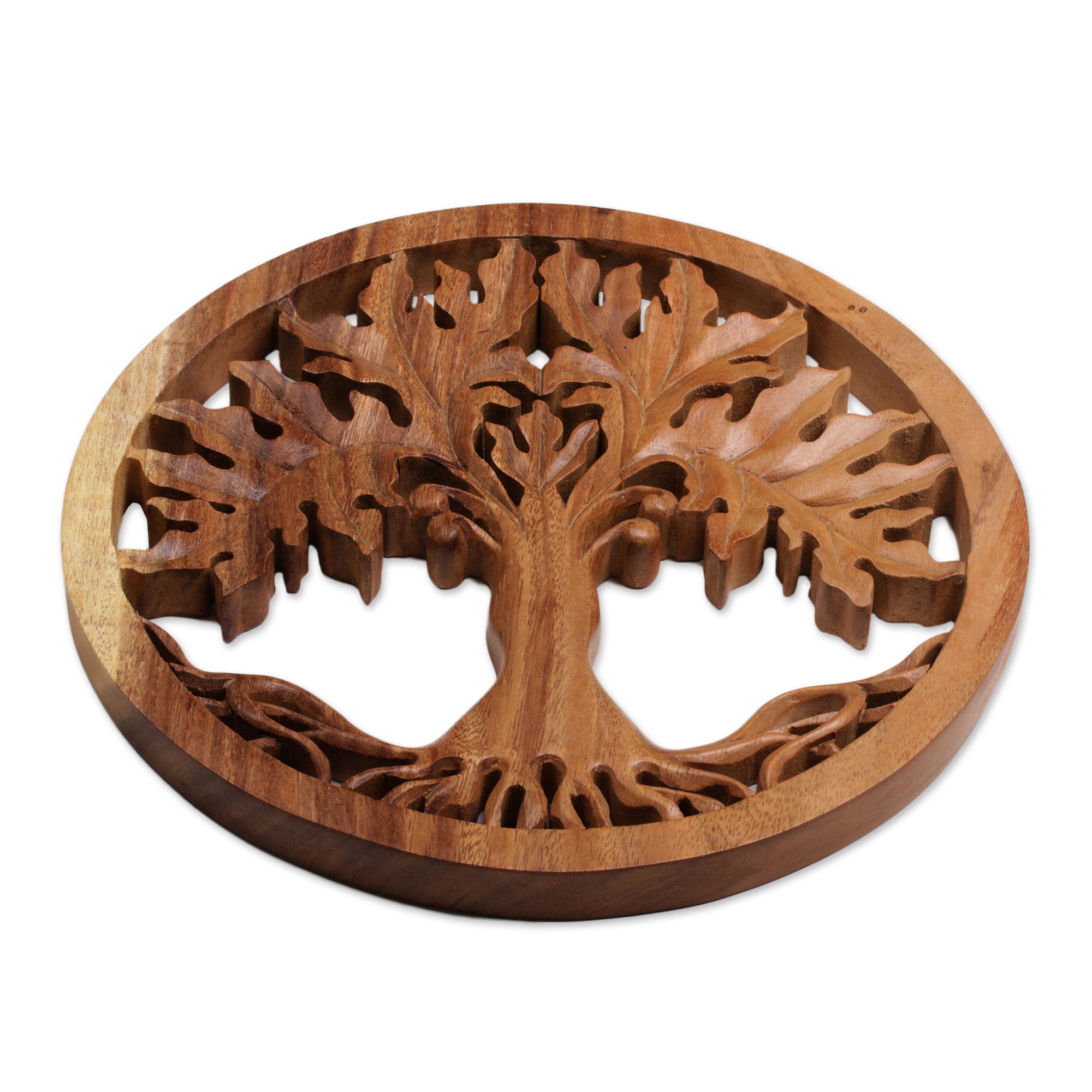 Premium Hand-Carved Suar Wood Fertility Tree Wall Art – Bali Inspired Round Relief Panel