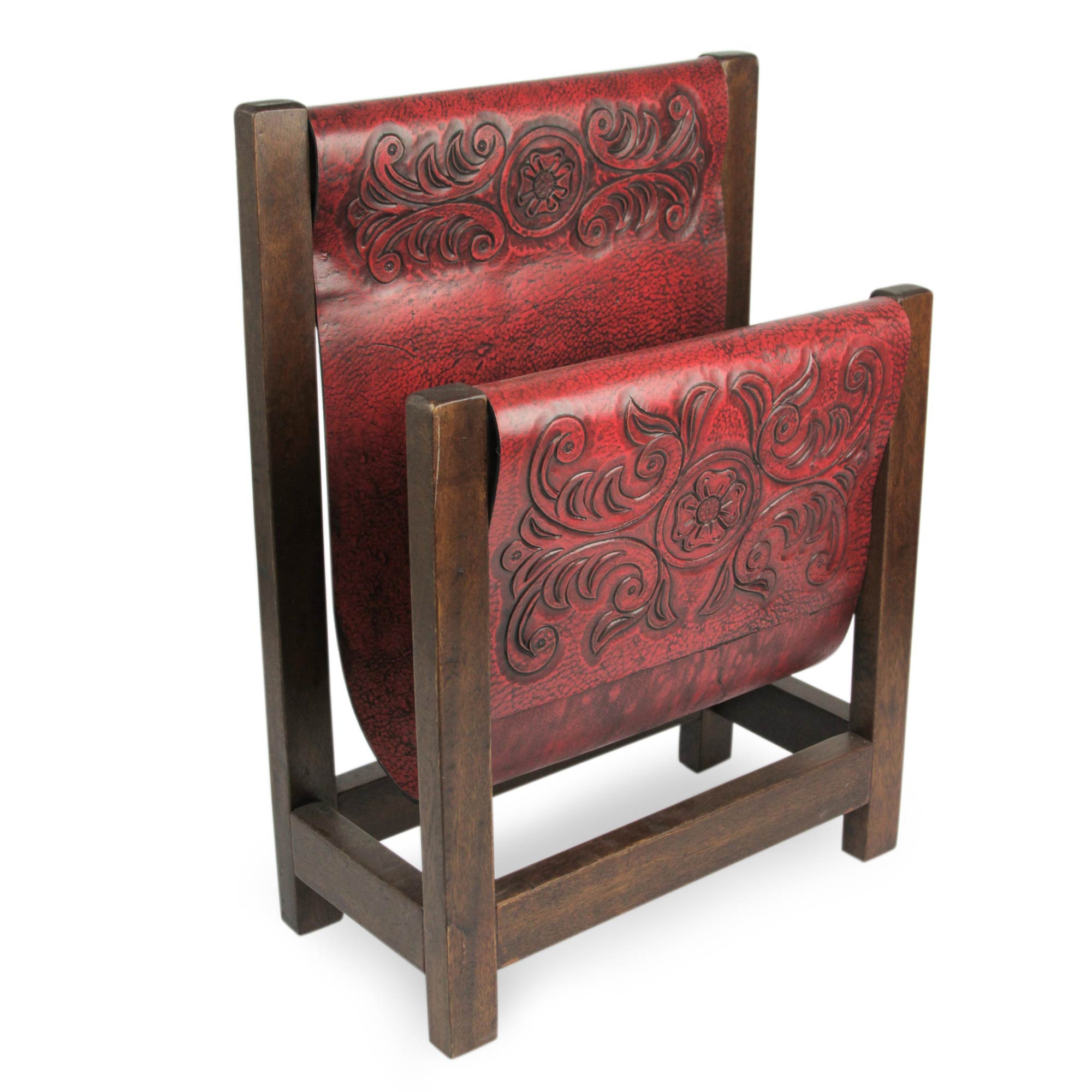 Premium Handcrafted Red Leather & Cedar Wood Magazine Rack - Historic Elegance